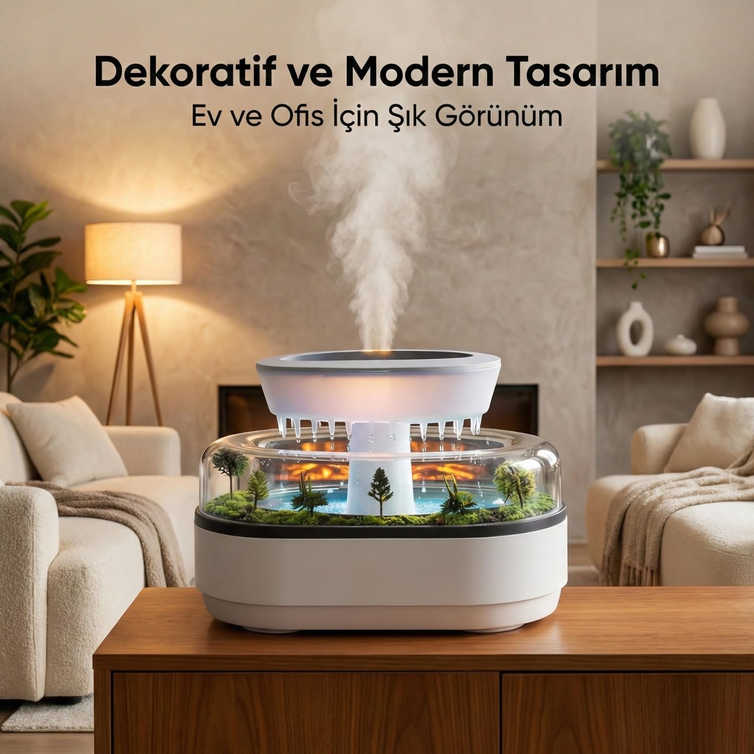 Aromaterapi Hava Nemlendirici, Yağmur Damlası Efekti ve Rahatlatıcı Doğa Sesleri, 7 Farklı LED Ambiyans Işıklı, Aromaterapi Yağı Eklenebilir, Ultrasonik Buhar Teknolojili Ortam Nemlendirici Difüzör