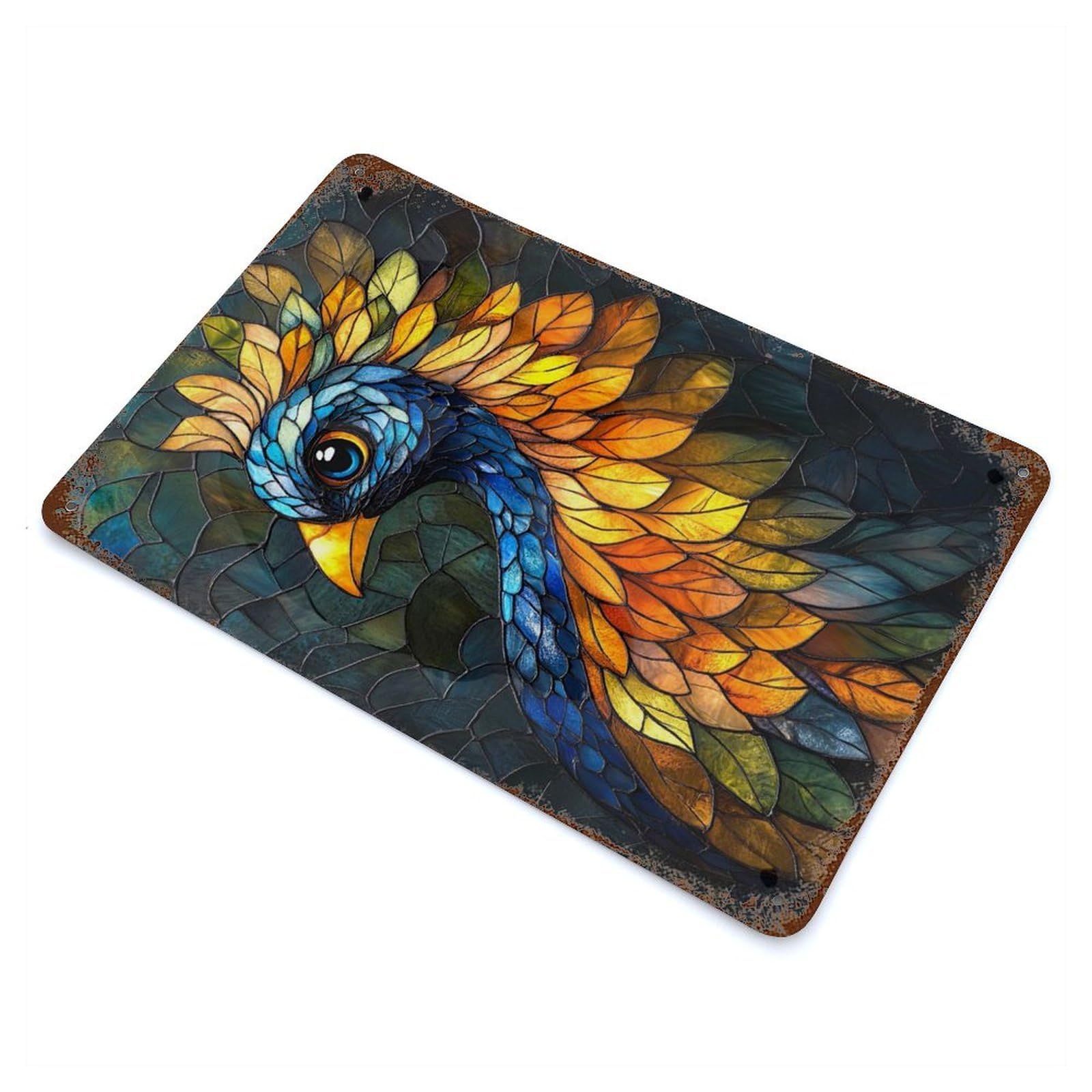 Distressed Metal Wall Sign with Stained Glass Bird Design 11.8"x7.9", for Living Room, Hallway And Home Decor, Vintage Wall Decor