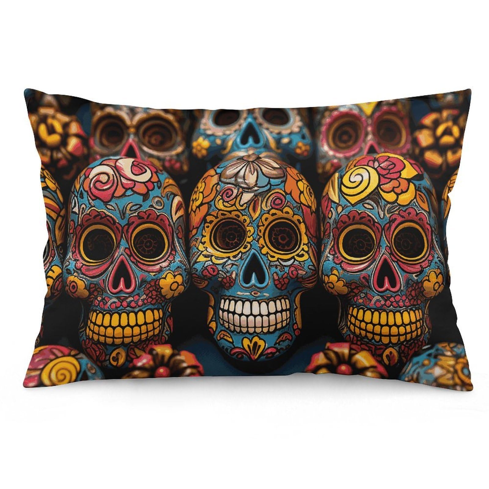 2 Pack Pillow Cases for Hair and Skin, Soft Breathable Pillow Case Covers with Hidden Zipper, Colorful Sugar Skulls Pillowcase 12 "x20 Pillow Covers for Sleeping Gift