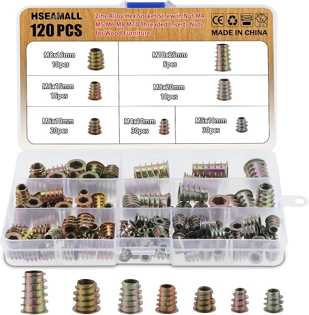 HSEAMALL Zinc Alloy Furniture Hex Socket Screw, M4 M5 M6 M8 M10 Threaded Insert Nuts Wood Screws Assortment Kit,120-Pack