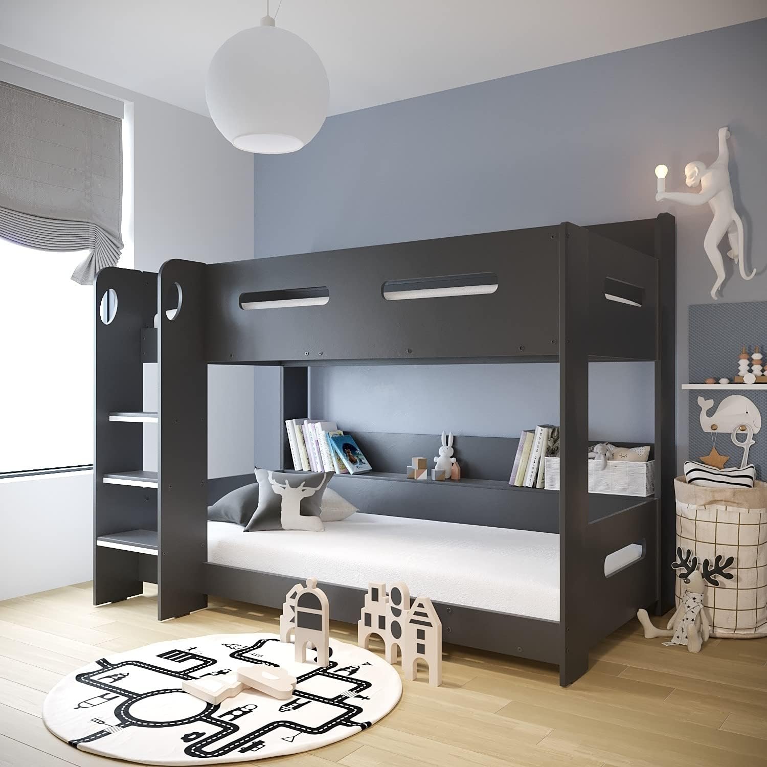 Sky Furniture Dark Grey Bunk Bed with Storage Shelves - Ladder Can Be Fitted Either Side