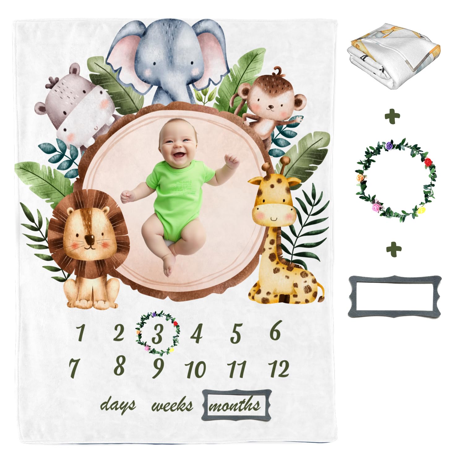 VLANMON Baby Milestone Blanket for boy Girl Animal Forest Trees Monthly Newborn Growth Chart Tracker Photography Background Newborn Photo Prop Months Weeks Days