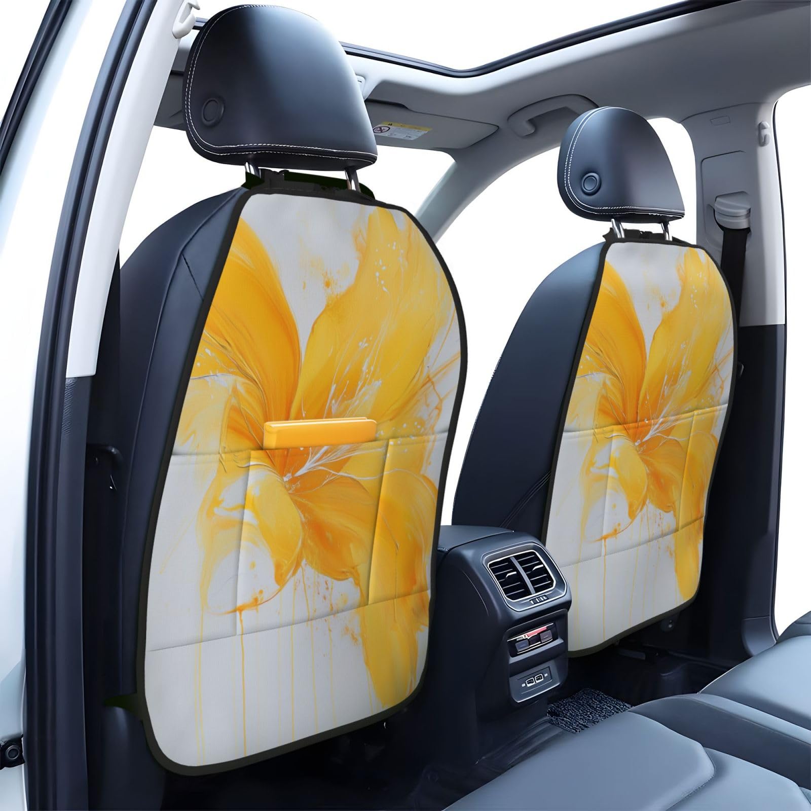 Abstract Blooming Flower Yellow White Splash Car Seat Back Kick Protectors,2 Pack Kick Mats With Storage Pockets For Vehicles To Protect From Dirt Mud Scratches