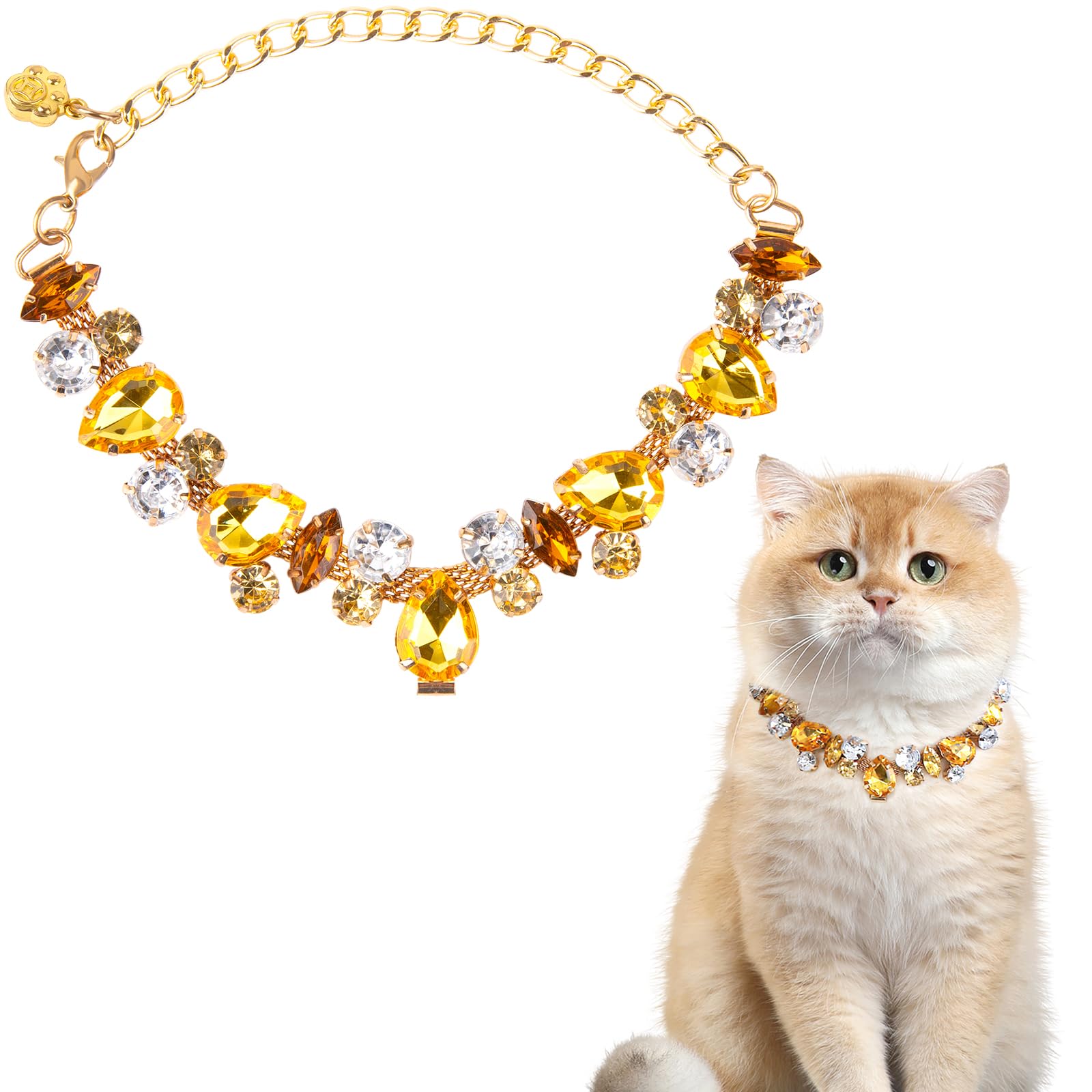 HOWWFALY Dog Collar and Cat Gold Chain Necklace Stainless Steel Adjustable Yellow Diamonds Collar with Cute Pet Paw for Small Medium Pets Cats Dogs