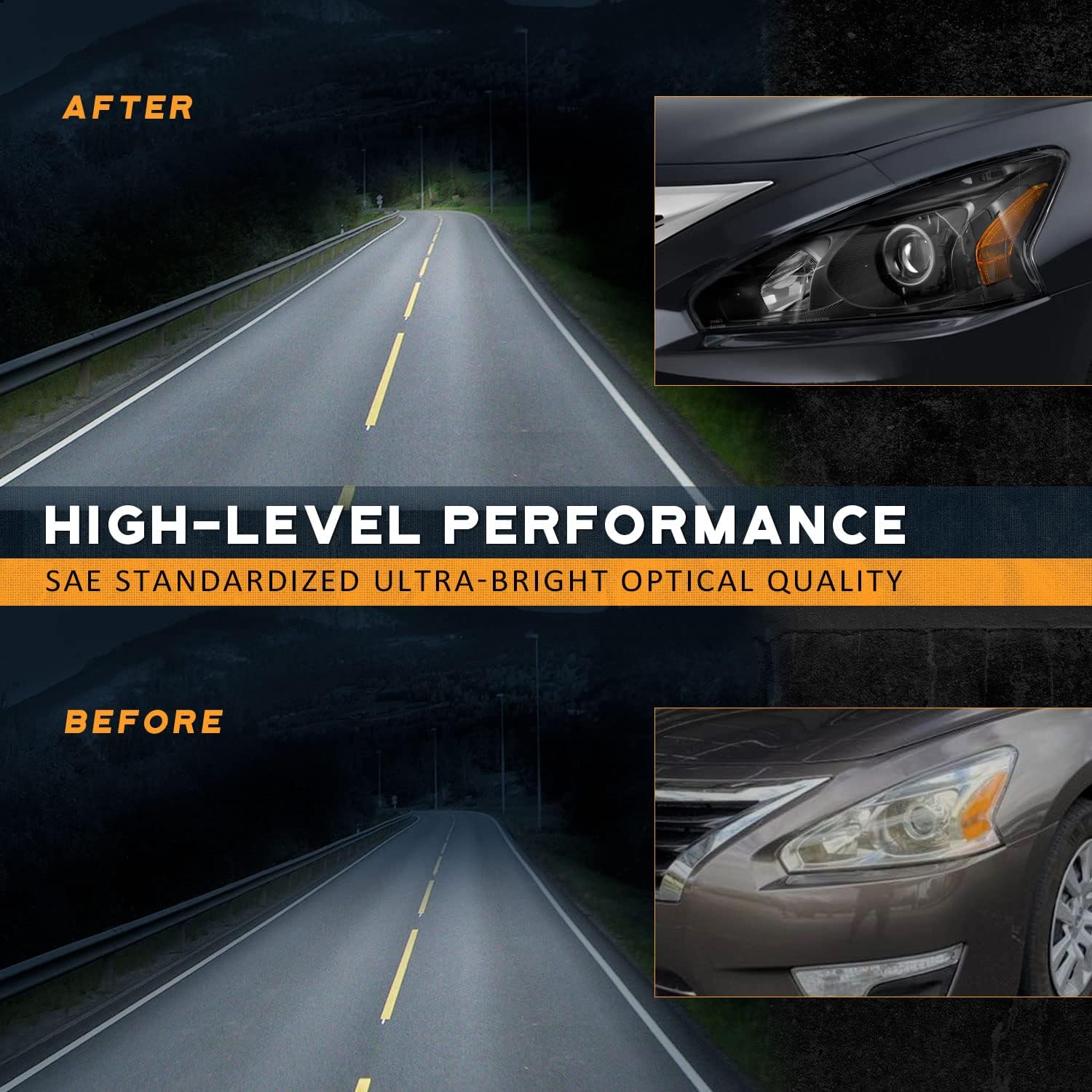 WEELMOTO Compatible with 13-15 NISSAN Altima Sedan, Headlights Assembly Headlamp Replacement For 2013 2014 2015 Nissan Altima 4-Door, Pair Set with Black Housing Amber Reflector with T10 LED Bulbs