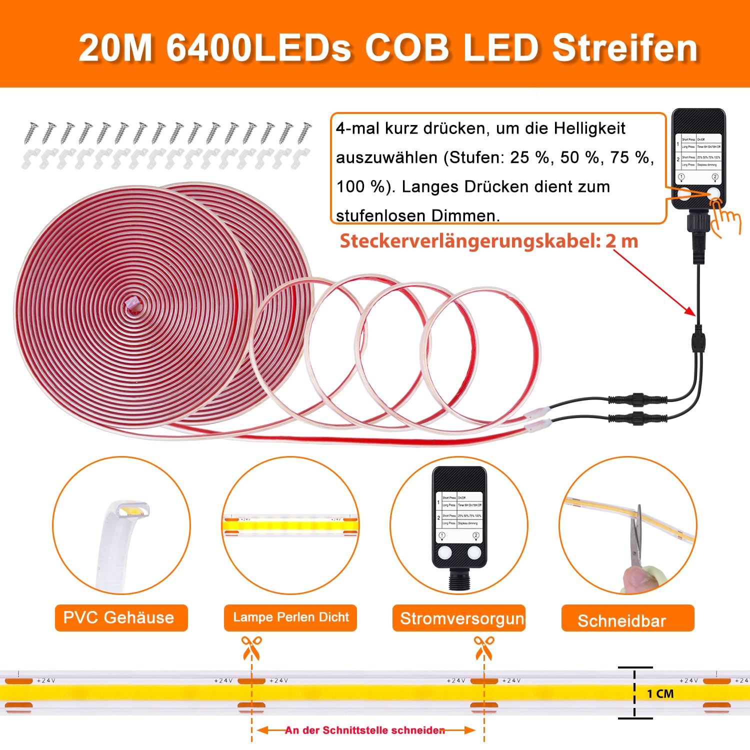 StarryEver Tira LED COB para exteriores, 20 m, 6400, luz blanca cálida, 2700 K, IP67, resistente al agua, regulable, para exterior, cinta de luz LED autoadhesiva, para jardín, balcón, cocina, interior