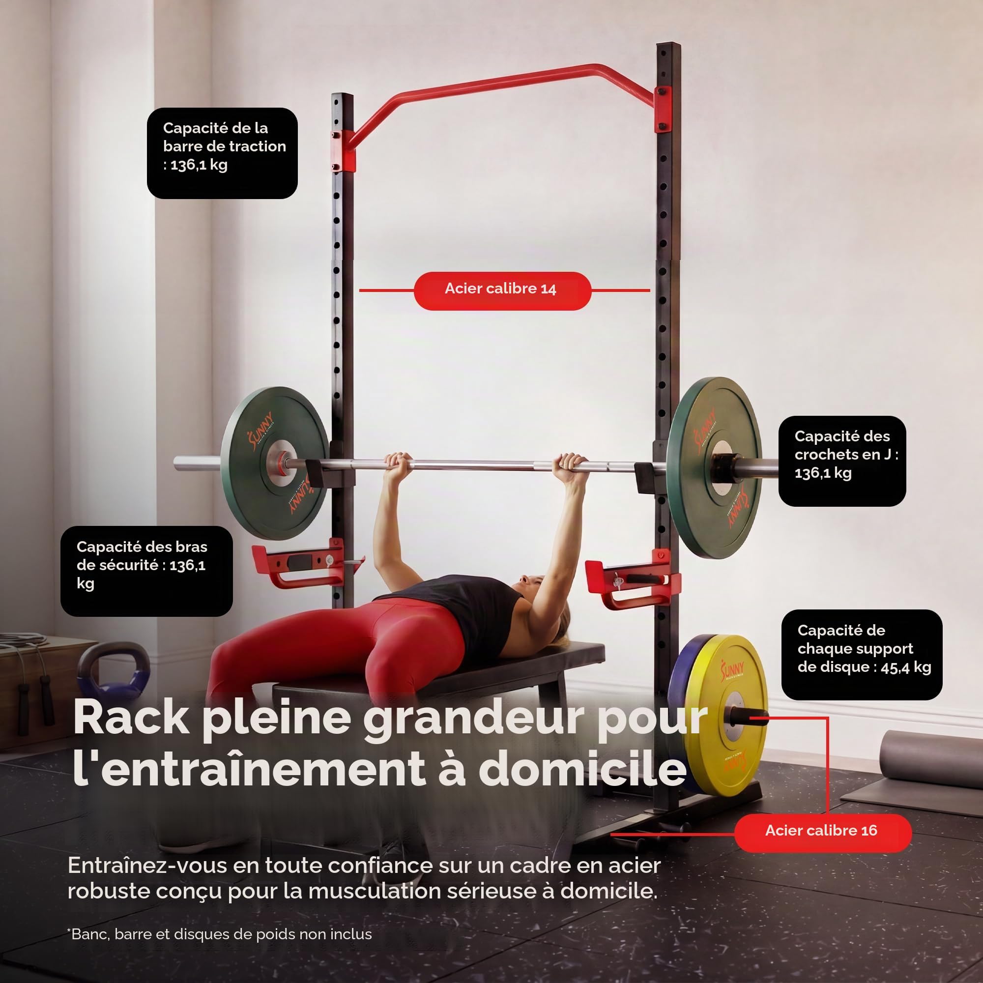 Sunny Health & Fitness Banc de presse vertical multifonctionnel réglable pour squat, presse d'épaule, développé couché incliné, rangées d'haltères, boucles de biceps, soulevés de terre