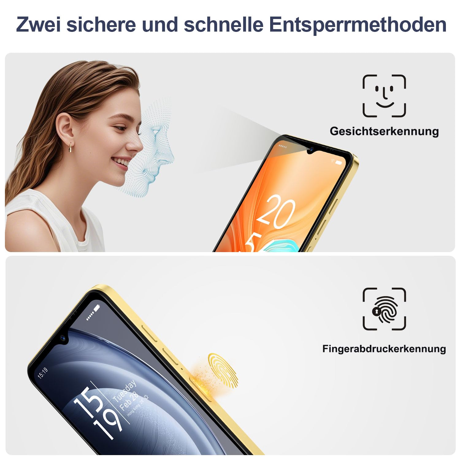 invens Halo 5 Smartphone Ohne Vertrag - 7GB(4+3)+64GB /256GB Android 14 Handys, 6,52 Zoll Bildschirm 5000mAh Handy Günstig, 16MP+8MP Kamera, 4G Dual SIM/Face ID/GPS/3.5mm Jack, Dunkelblau