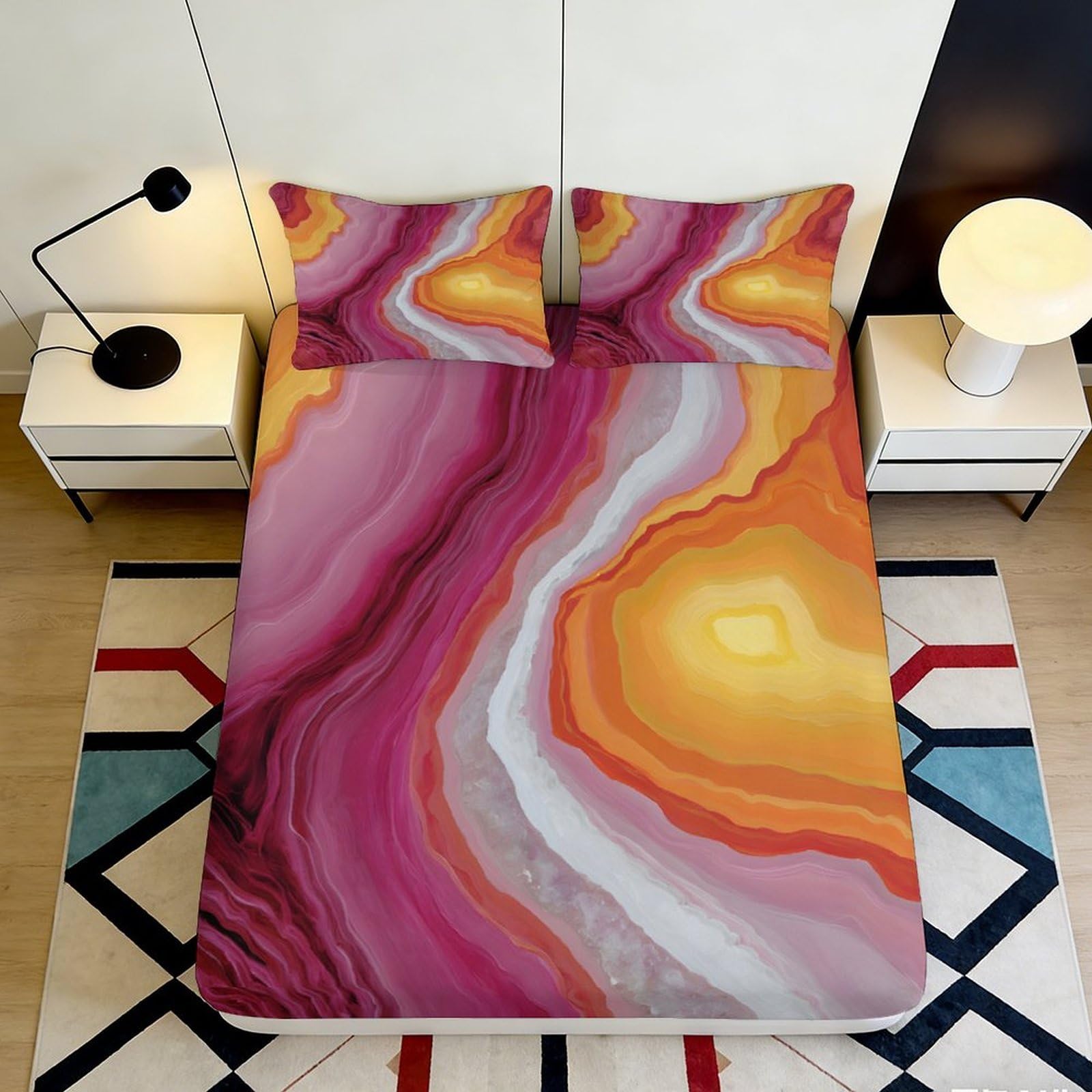 3D Printed Vibrant Orange Pink Marble Fitted Sheet Microfiber Soft Durable Abstract Bed Cover for Bedroom Dormitory Protective Mattress Cover 120x200x25cm