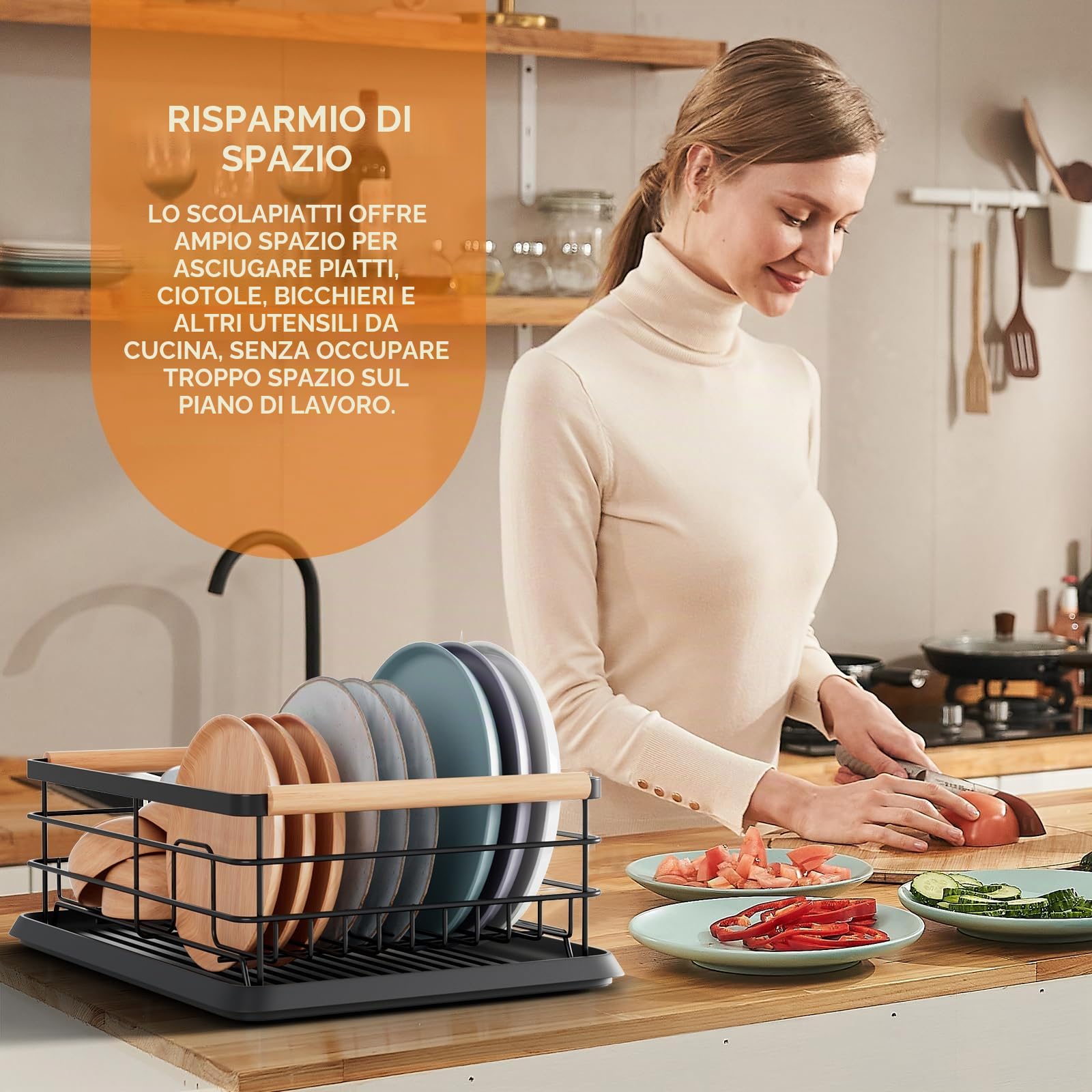 BRIAN & DANY Scolapiatti da Appoggio con Manico in Legno, Nero, 42 × 30 × 15 cm
