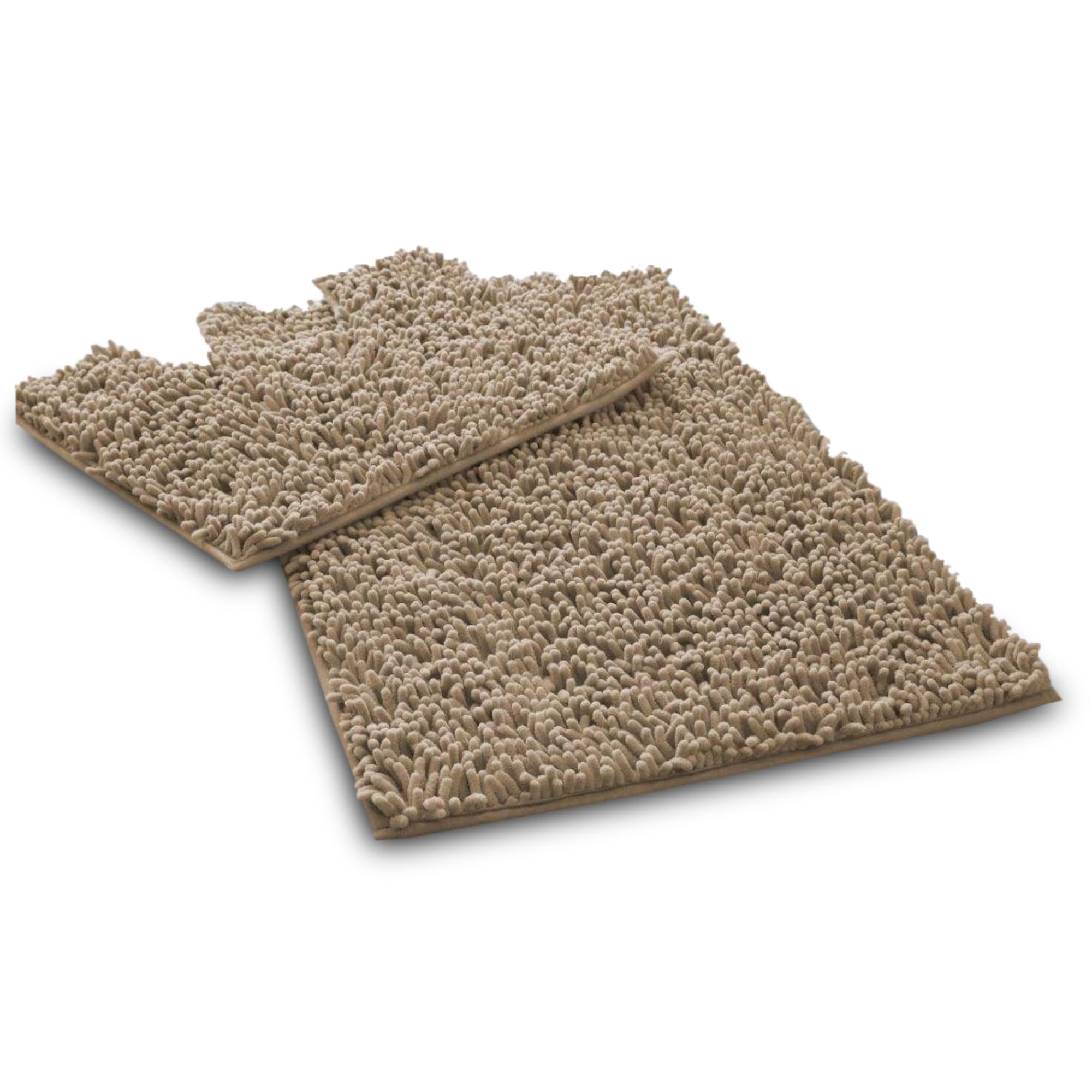 VELVETIO Loop Bath Mat Set For Bathroom, 2 Piece Super Soft Water Absorbent 100% Microfiber Chenille Toilet Rugs, Memory Foam Anti Slip Shower & Bathtub Rug Sets, Natural