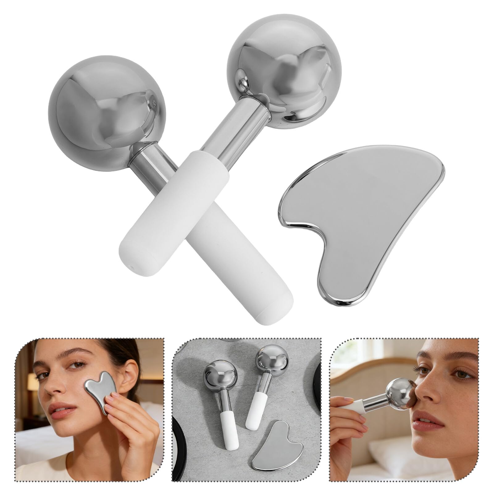 YARNOW Set Gua Sha in Acciaio Inossidabile Sfere di Ghiaccio per Massaggio Viso e Corpo, Massaggiatore Rinfrescante per Viso e Collo, Strumenti Multifunzionali per Trattamenti Spa