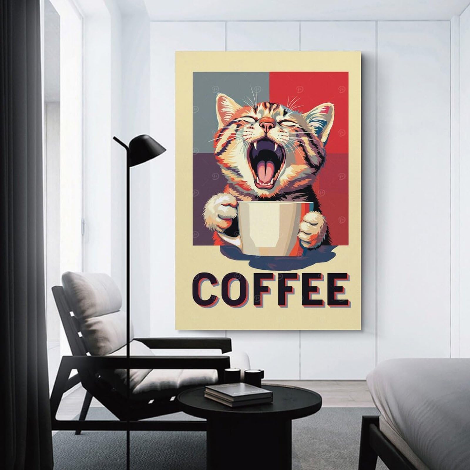 Junmoney Unframe-Style Cat Yawning With Coffee Cup Poster Decorative Wall Artwork 20X30inch(50X75cm), For Corridors, Hallways Or Apartment Entries, Home Artwork For First Impressions