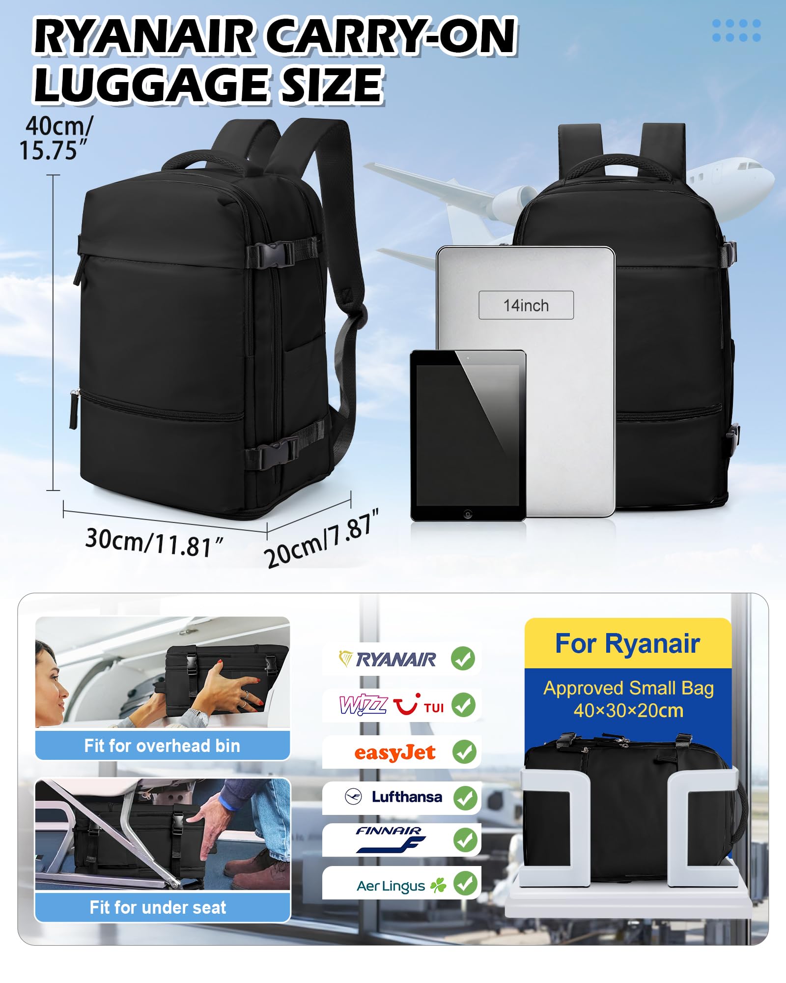 BJLFS Zaino Ryanair 40x30x20 Sottovuoto con pompa Zaino da Viaggio aereo Cabina 40x30x20 Impermeabile Bagaglio a Mano Wizzair Sottovuoto Borse da Cabina per Easyjet 45x36x20 Zaino Airback Donna
