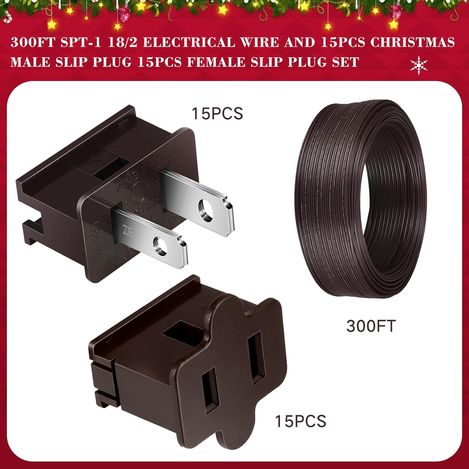 Relaxweex 18/2 Electrical Wire with Extra Vampire PlugsChristmas 18 Awg Extension Wire Landscape for Christmas Lights Outdoor Decoration(300 ft,SPT-1,Brown)