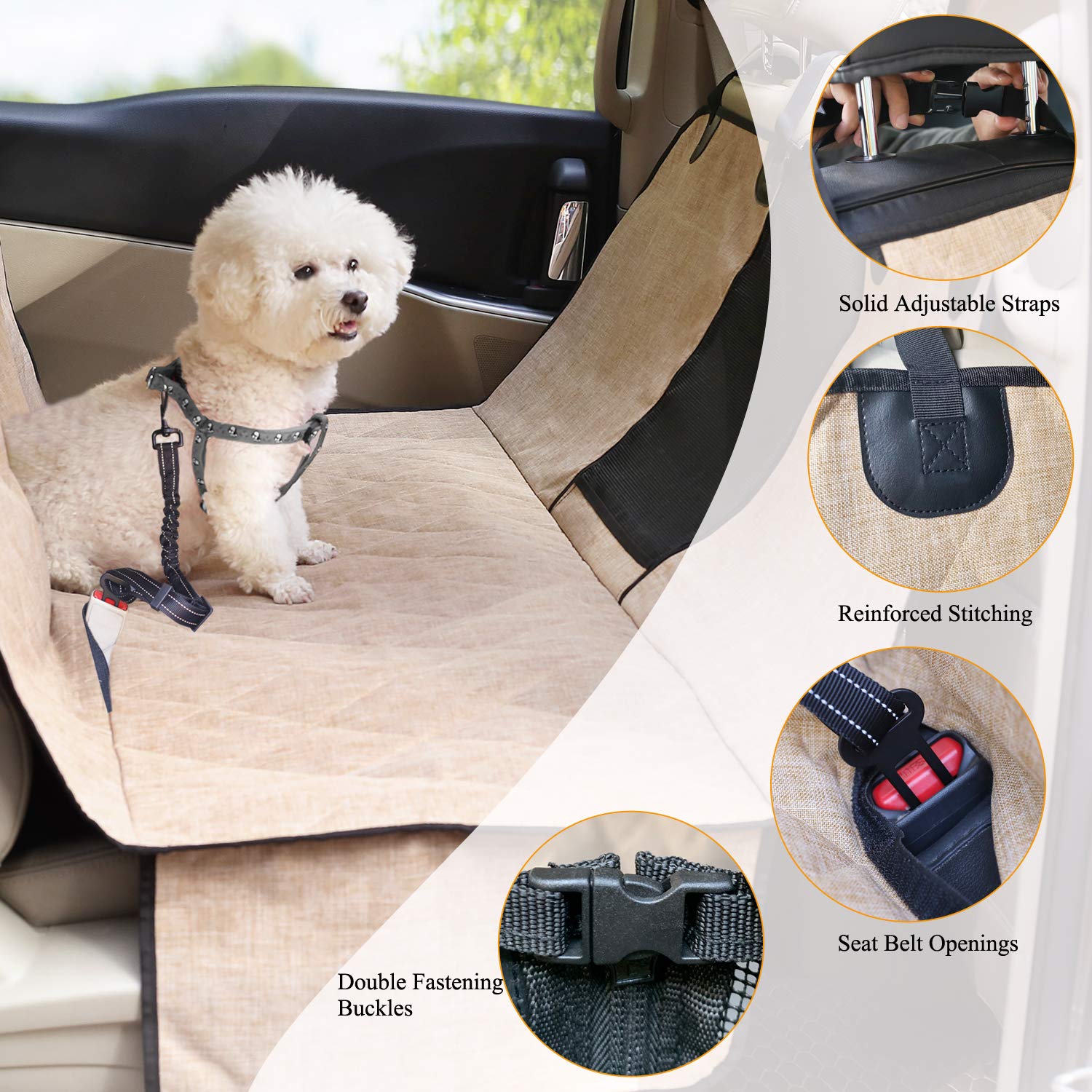 VIVAGLORY Dog Car Seat Covers, Hammock Seat Cover Mesh Visual Window with Extra Strap & Buckles, Waterproof & Nonslip Car Back Seat Cover Convert to Bench Seat Cover & Trunk Liner, Heather Khaki S - image 3