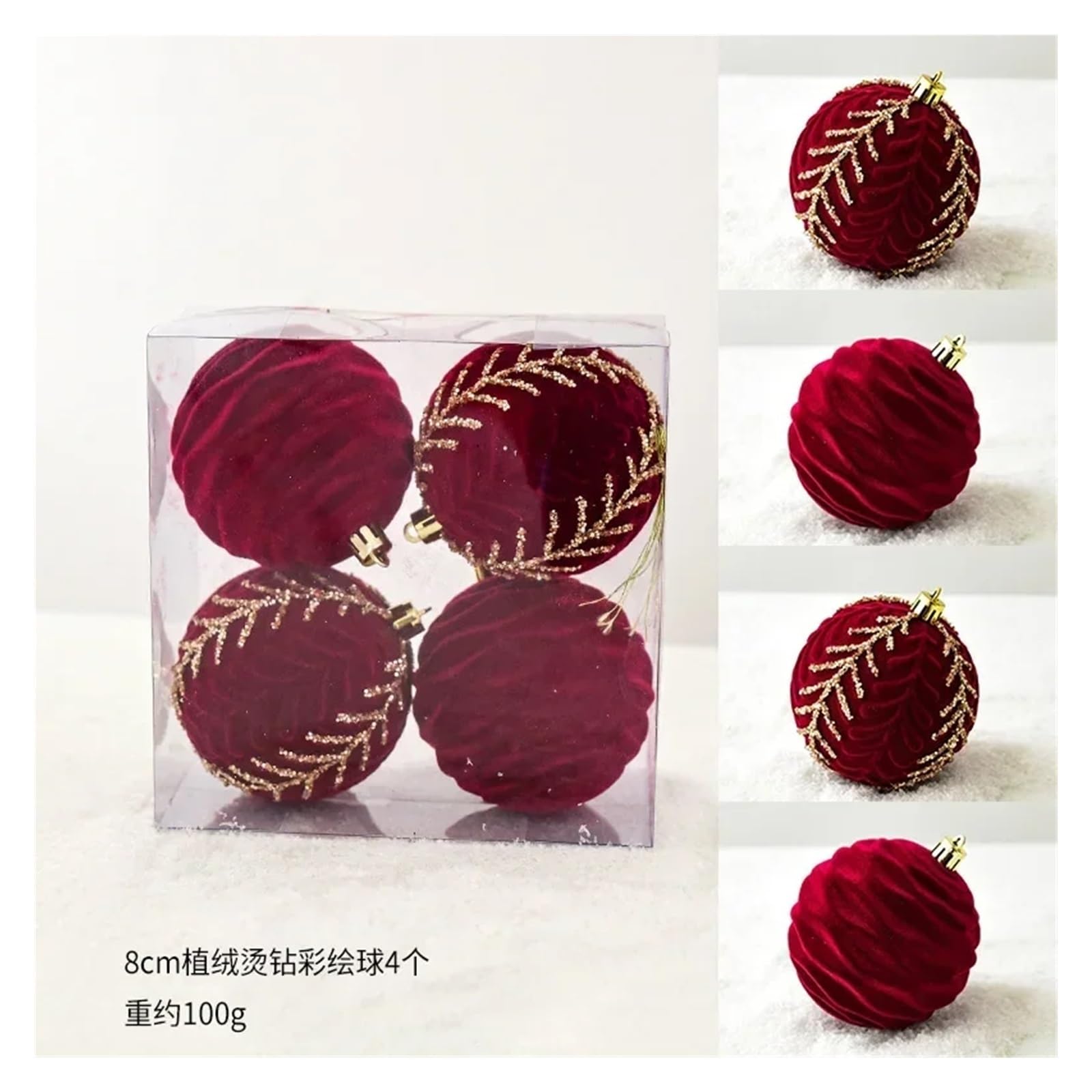 Bola de Navidad pintada de 8 cm, bola de Navidad de felpa roja, decoración de árbol de Navidad, adornos colgantes