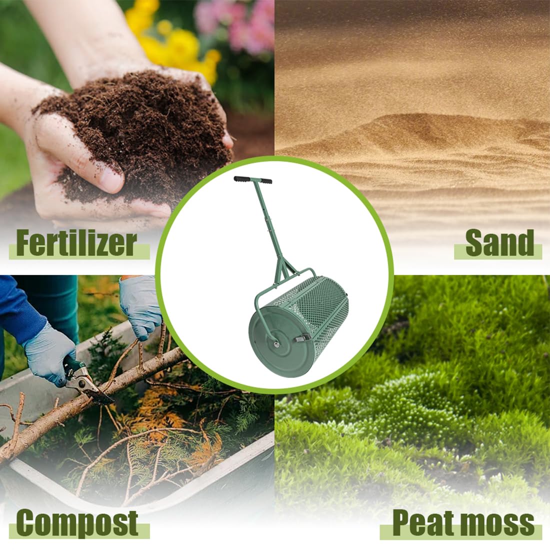 Esparcidor De Compostaje De 75 L con Asa,con Bloqueo Lateral para Esparcir Fertilizante,Multiusos, Red De Metal, Esparcidor De Abono, Rodillo De Semillas, Esparcidor De Semillas, Color Verde
