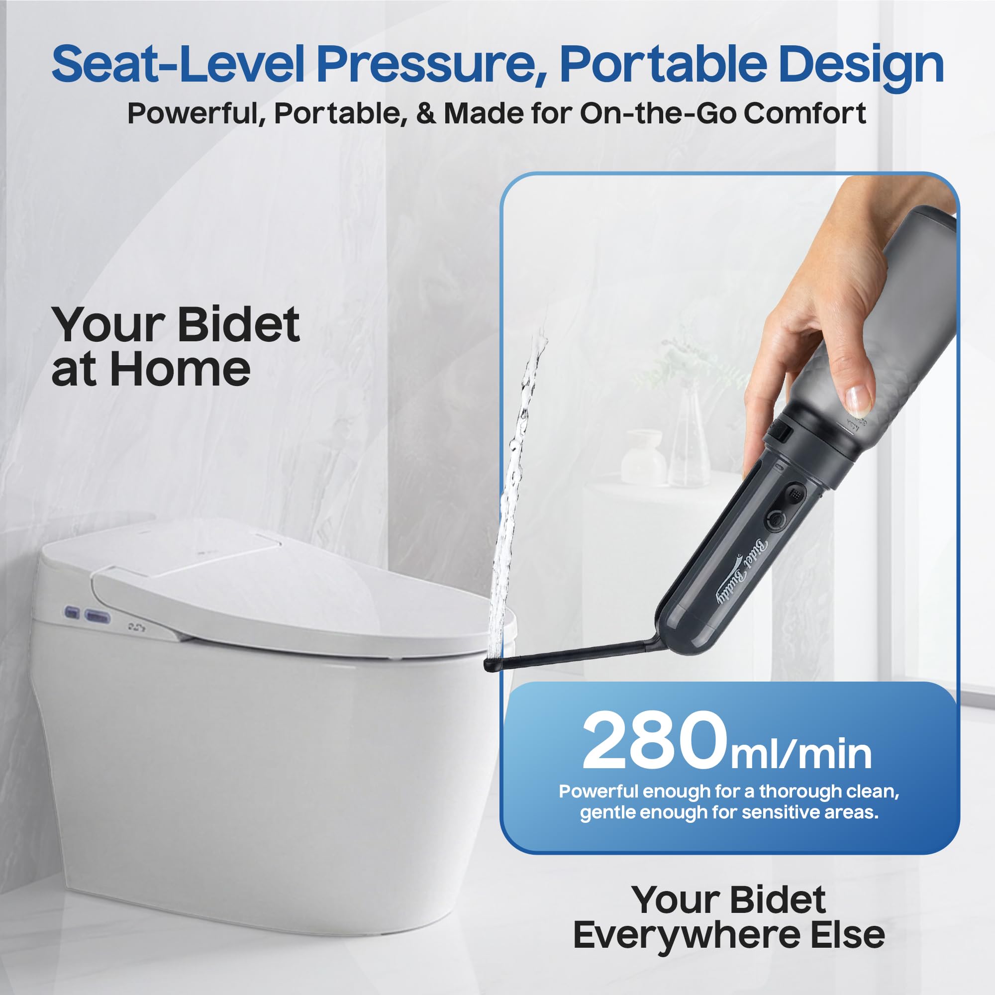 BIDET BUDDY GoFlow - Bidet portatile da viaggio | 280 ml/min di flusso | batteria da 800 mAh | bottiglia da 320 ml | IPX7 impermeabile | ricarica USB-C | tasca e flessibile con pressione media (grigio