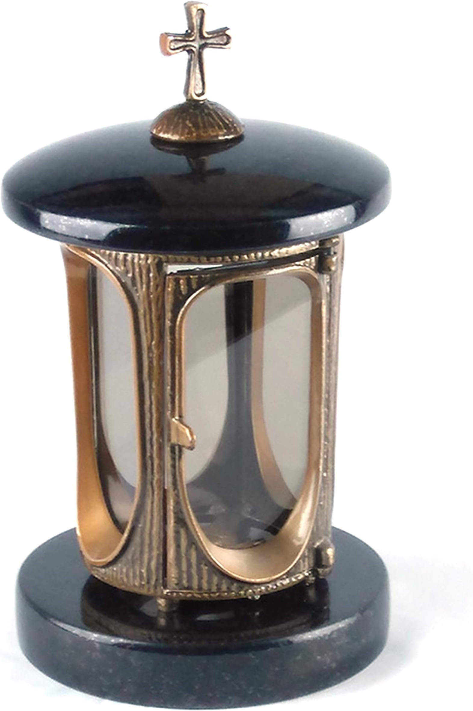 Designgrab grave lamp, brass coloured aluminium, with cross, granite, Swedish black SS1 black, antique appearance, cemetery, graveyard lantern, grave candle, grave decoration, grave light