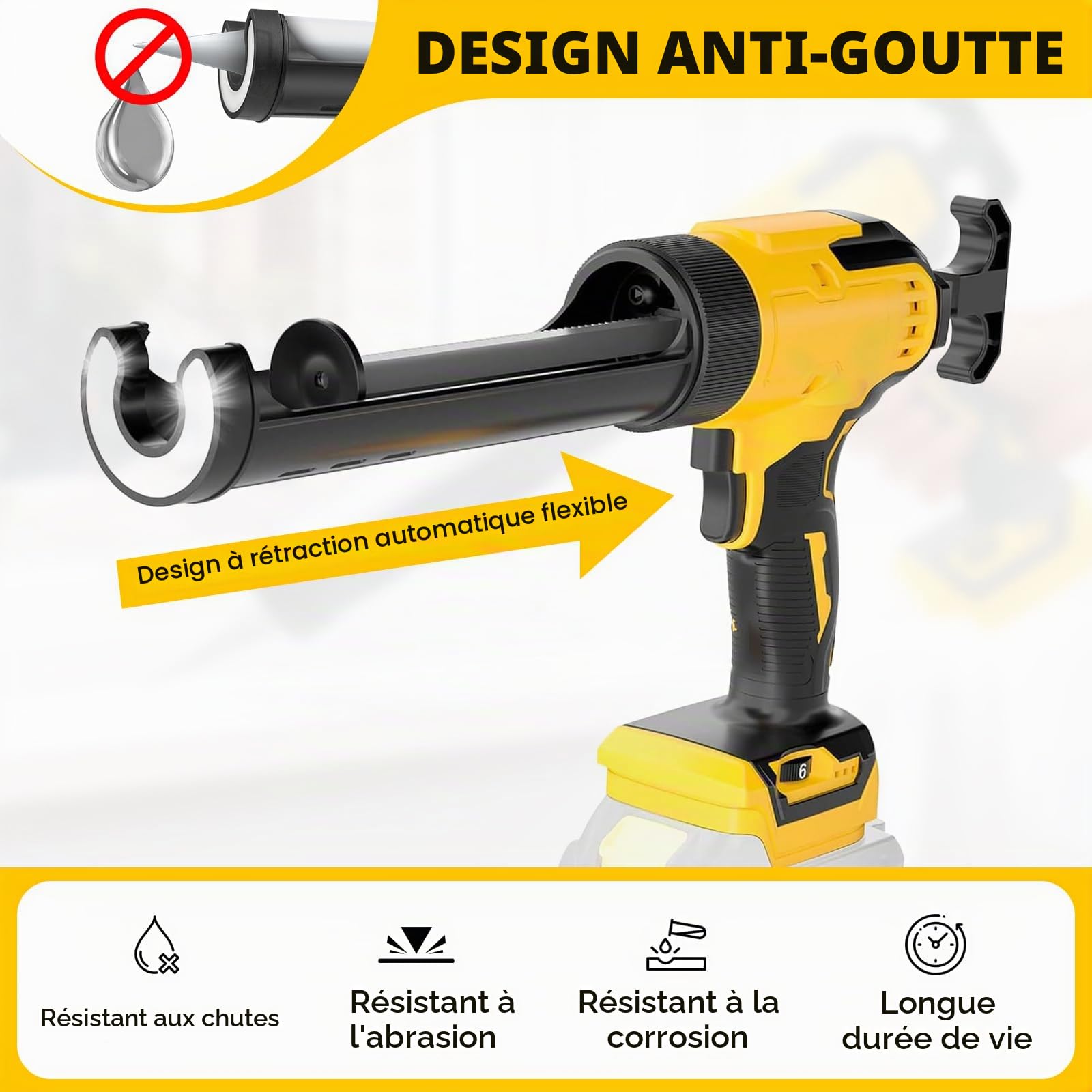 Presse à cartouche sans fil compatible avec batterie Dewalt 20V | Pistolet à cartouche électrique à 6 vitesses, Lumière LED, Seringue silicone, Cartouches 300 ml, 9 accessoires, Sans Batterie
