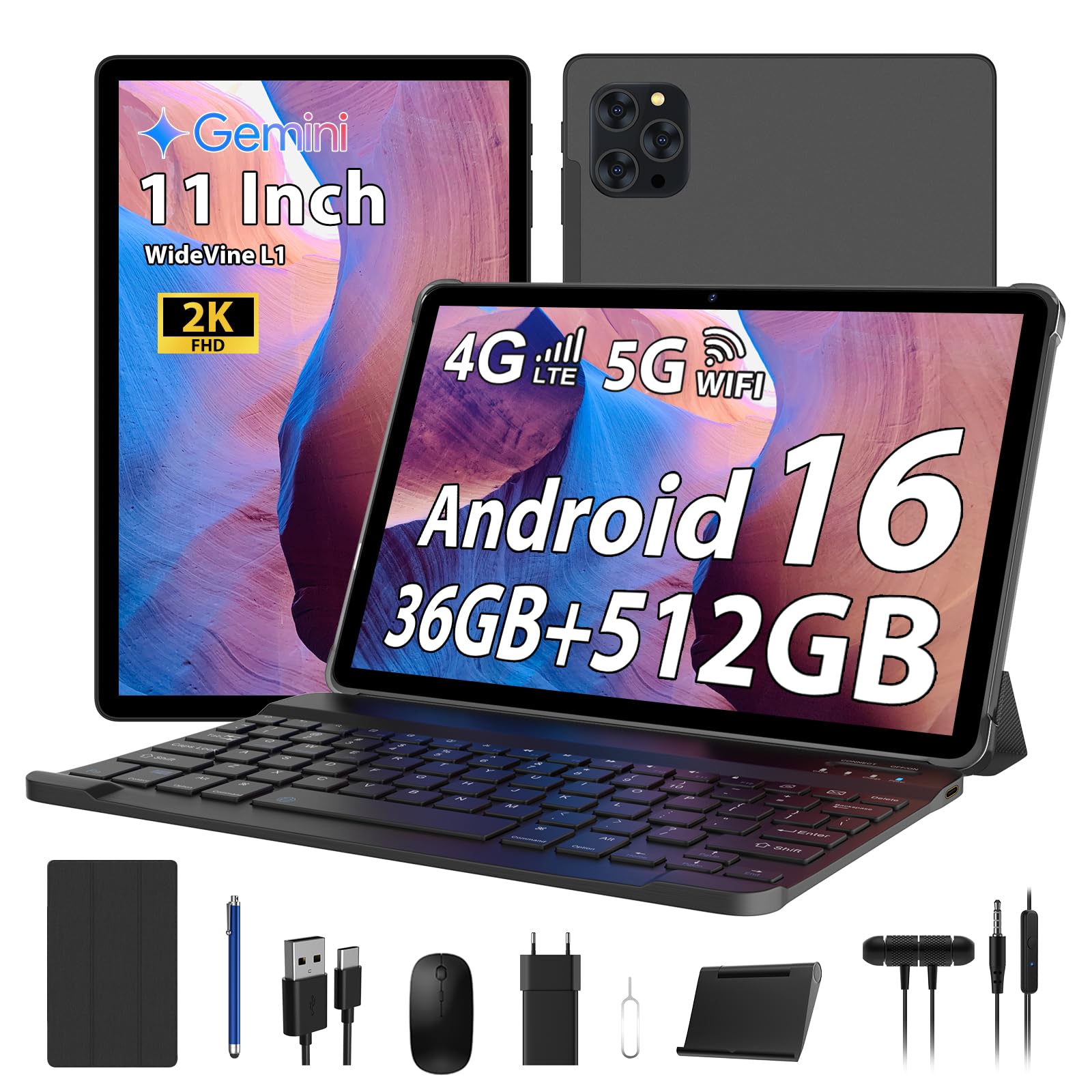 RUSHAR Tablet 11 Pollici Android 16 con 36GB RAM+512GB ROM (2TB TF), 4G LTE & 5G WiFi, Octa-Core 2.0GHz, 8000mAh, 13MP+8MP, Widevine L1, Gemini AI, GPS, Face ID, BT 5.0, Tablet con Tastiera, Nero