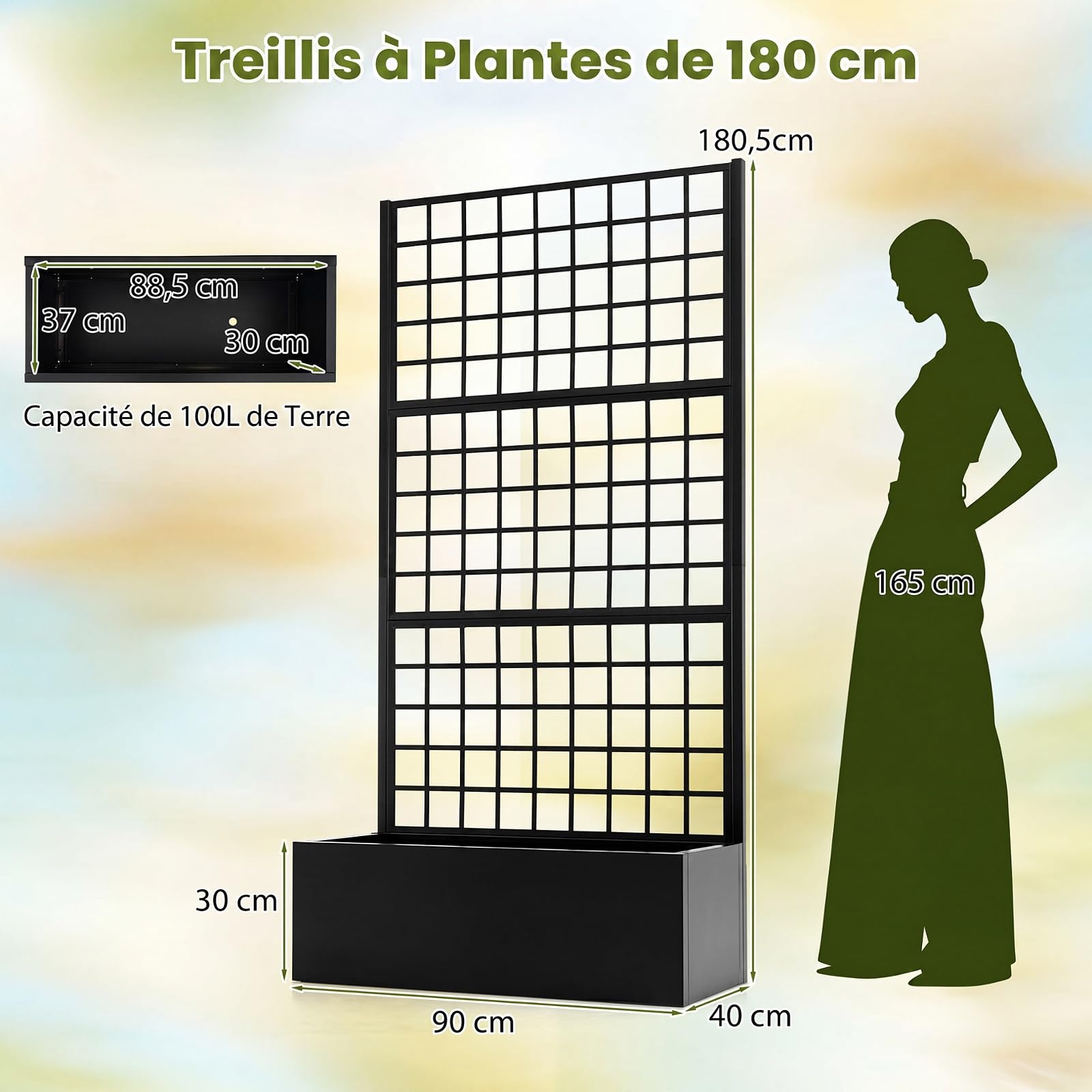 COSTWAY Jardinière avec Treillis en Métal avec Brise-Vue | Bac à Fleurs, 3 Panneaux, Trous de Drainage, Support Plantes Grimpantes Herbes Fruits pour Balcon Jardin, 90 x 40 x 180,5 cm