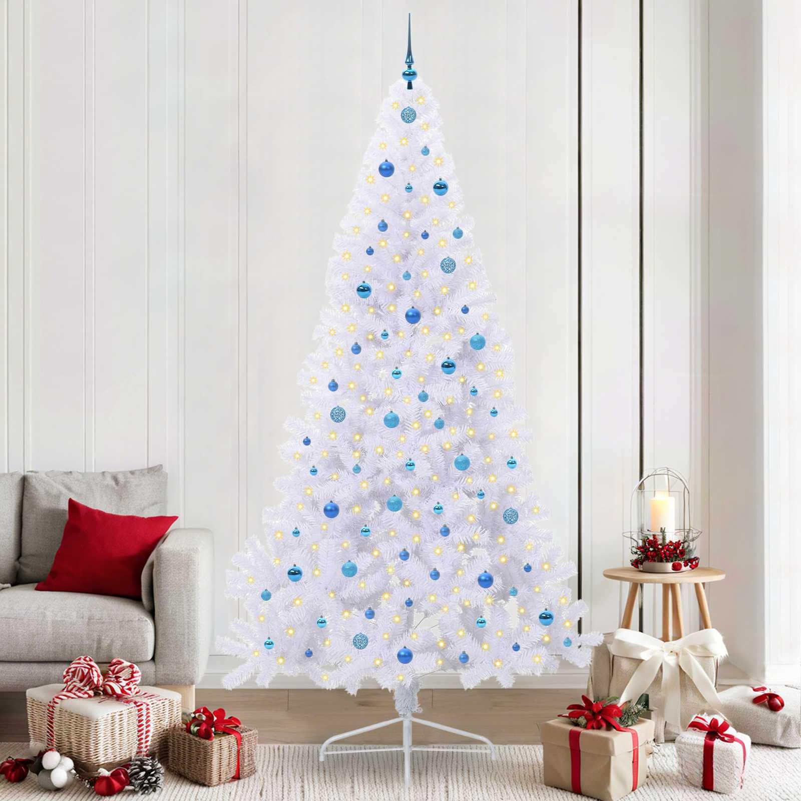 Árbol de Navidad artificial blanco de 240 cm de PVC y acero con 1050 puntas, 300 luces LED azules, fuente de alimentación USB, soporte estable, para salón, terraza, balcón e interior