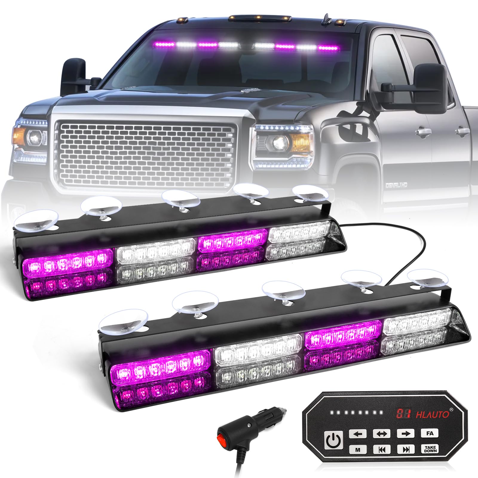 HLauto 604N - Luces estroboscópicas de emergencia para salpicadero con driver: 2 x 16.8 pulgadas, luz de seguridad blanca morada con despegar, 48 LED de seguridad intermitente, peligro, barra de luz