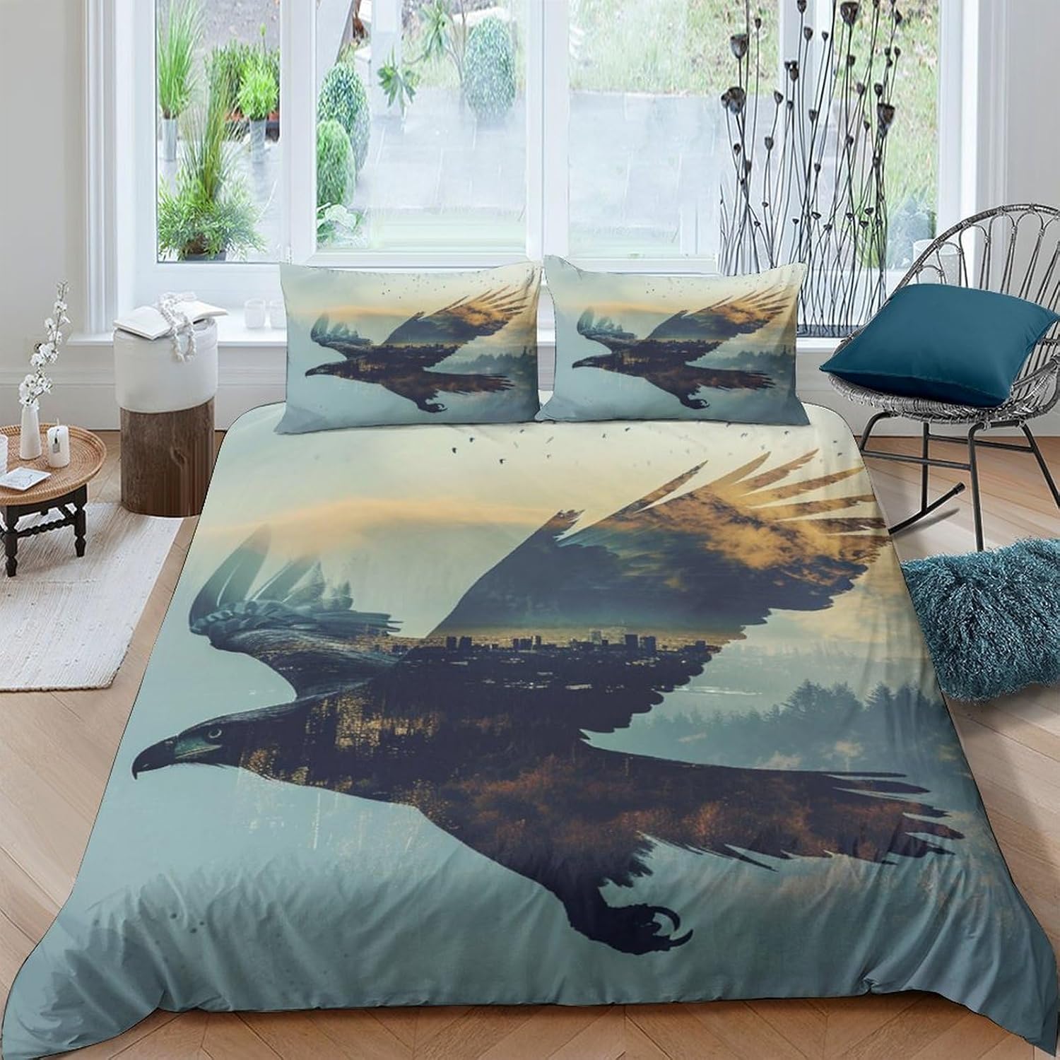 Housse de couette 240x220 Aigle avec parure de lit 3D microfibre antiallergique 2 taies