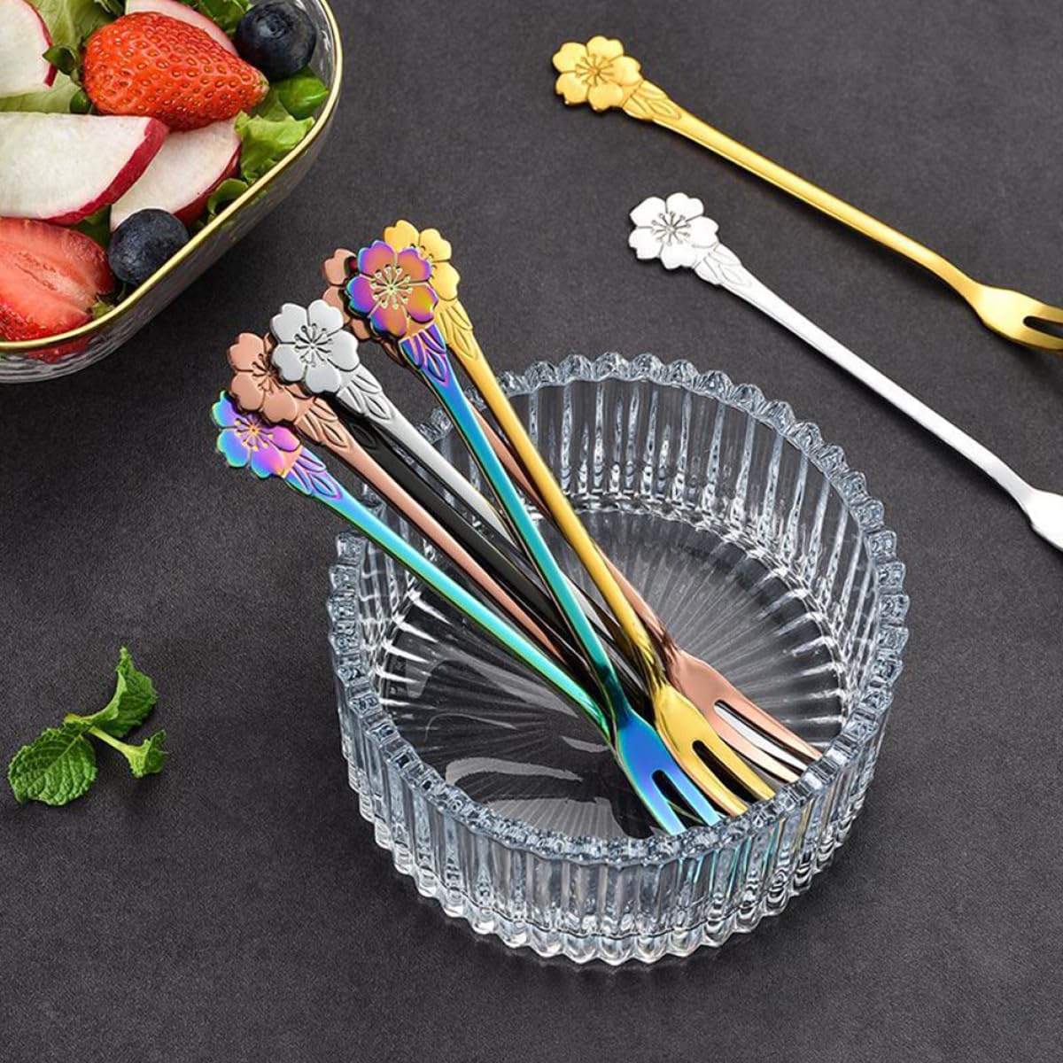 Stainless Steel Cherry Blossom Fruit Forks 10pcs, Two-prong Dessert Cake Forks for Party Serving and Home Use, Gold Color Kitchen Flatware for Fruit Picking and Appetizer