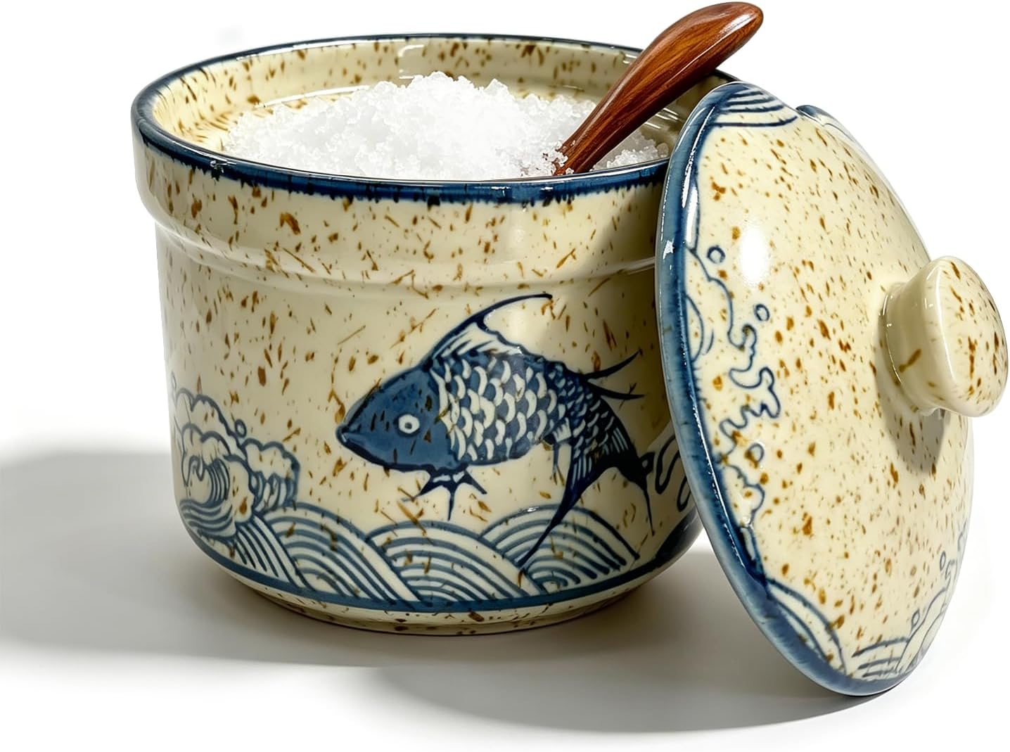 Ceramic Salt Cellar, Simple Straight Body with Lid & Wooden Spoon, for Storing Salt Pepper Sugar Herbs Spices, Kitchen Seasoning Jar