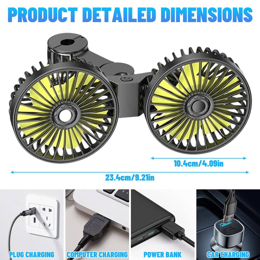 Ventilateur de voiture USB pour siège arrière - Réglable à 360° - 12 V - 3 vitesses - Puissant ventilateur silencieux pour la maison/le bureau - 12 V - Pour camion, camping-car, bateau, caravane