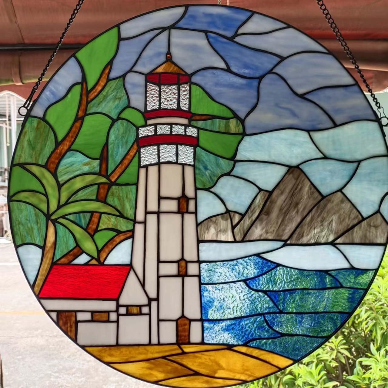 Bieye W10088 Lighthouse Tiffany Style Stained Glass Window Panel, 22-inch Wide Round Shape