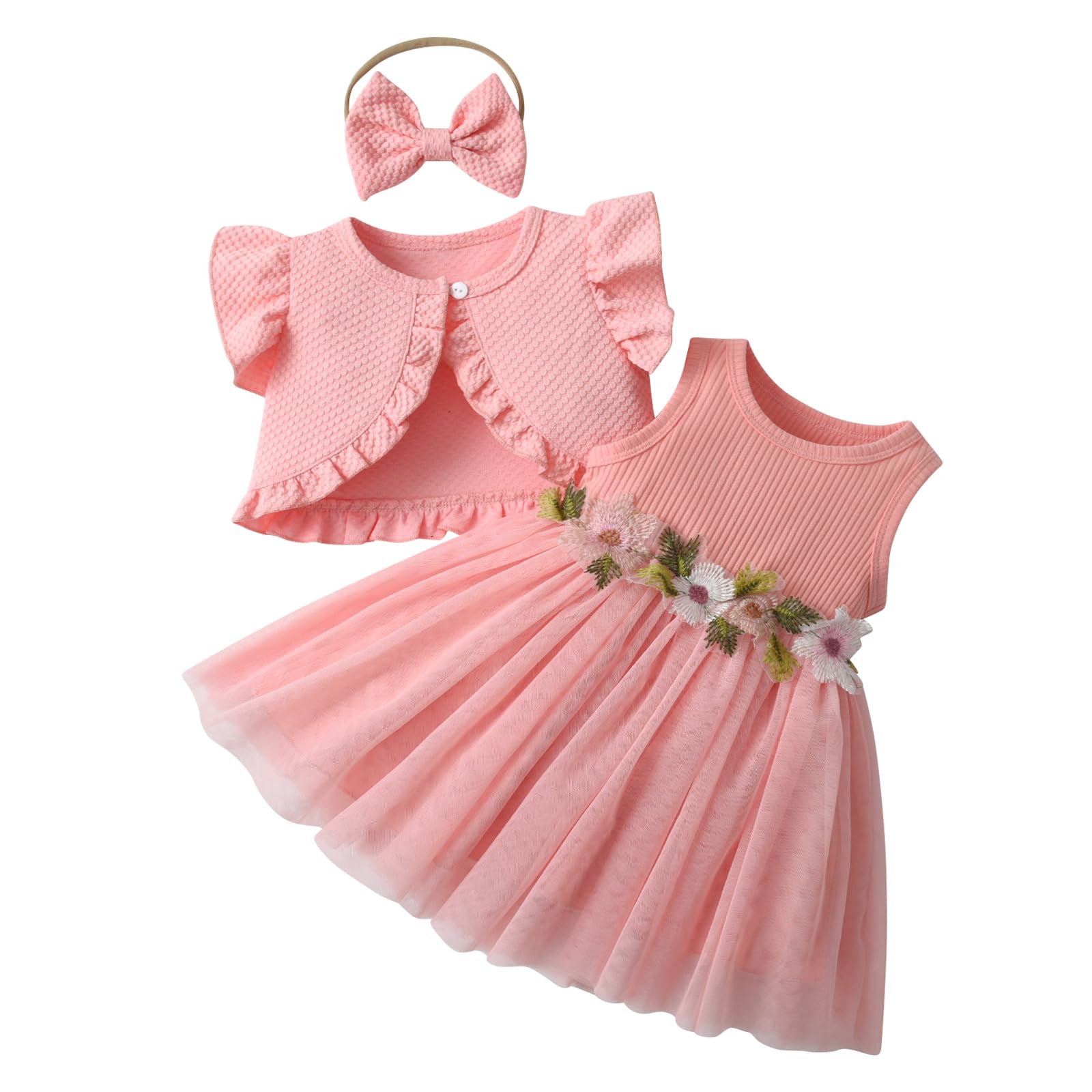 3Pcs Summer Baby Girl Dress and Short Sleeve Cardigan Set