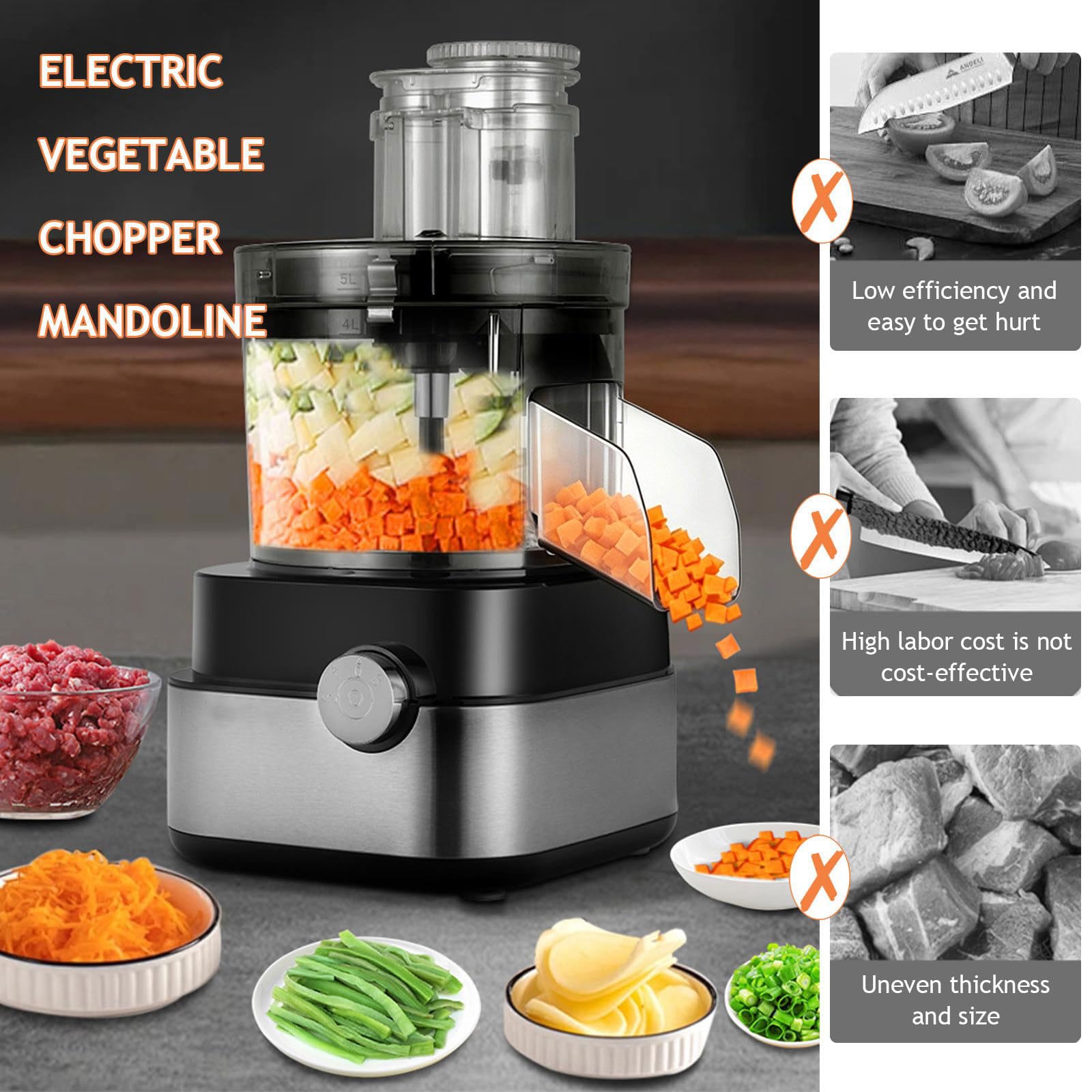 Cortador de Verduras electrico espiralizador de Verduras, Gran Capacidad de 5000 ml, 4 Cuchillas y 5 Rejillas de Corte, válido para Uso doméstico y Comercial Diario