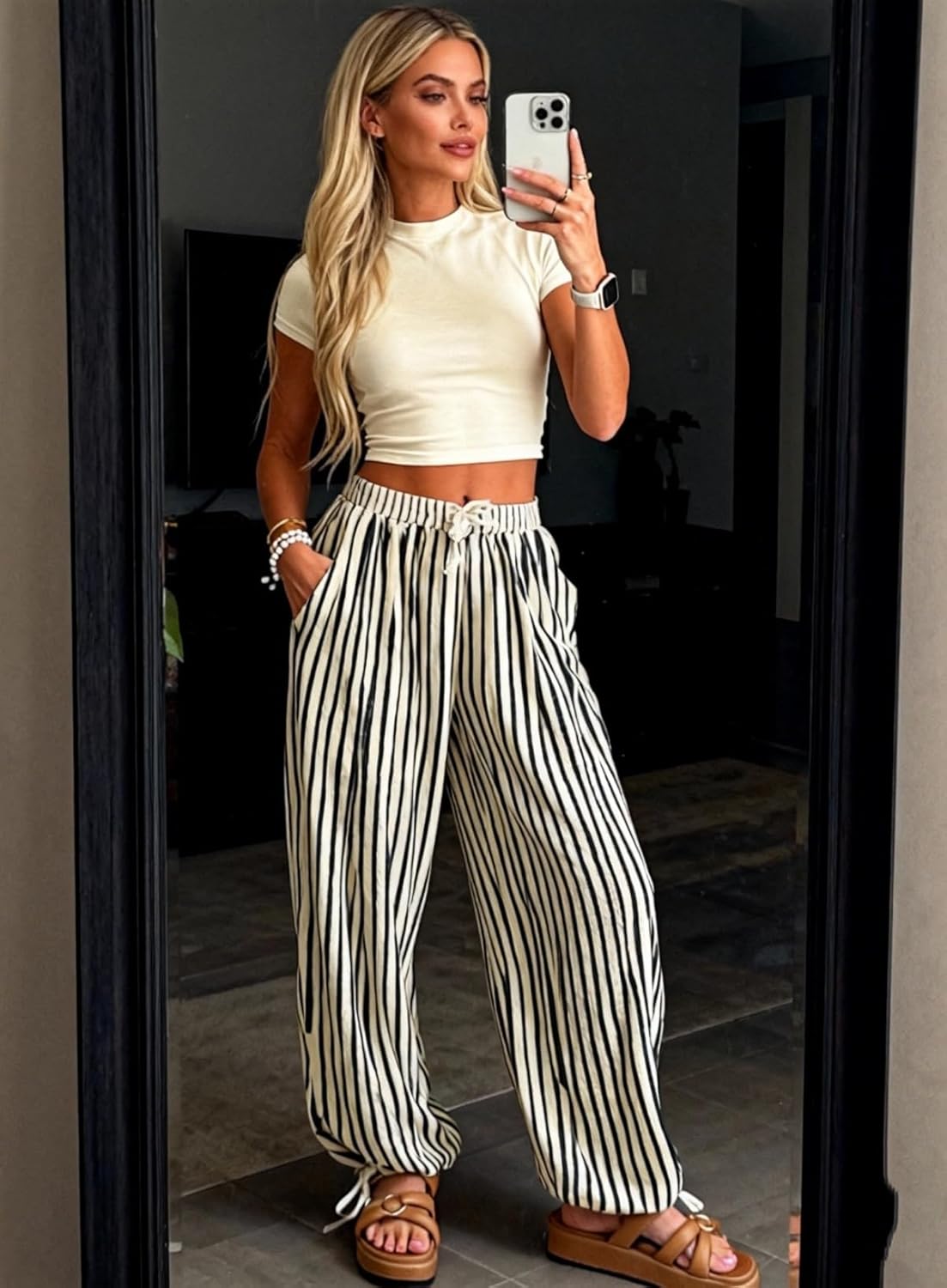 Acelitt Women Drawstring Elastic Waist Striped Pants with Pockets, S-XXL - Image 5