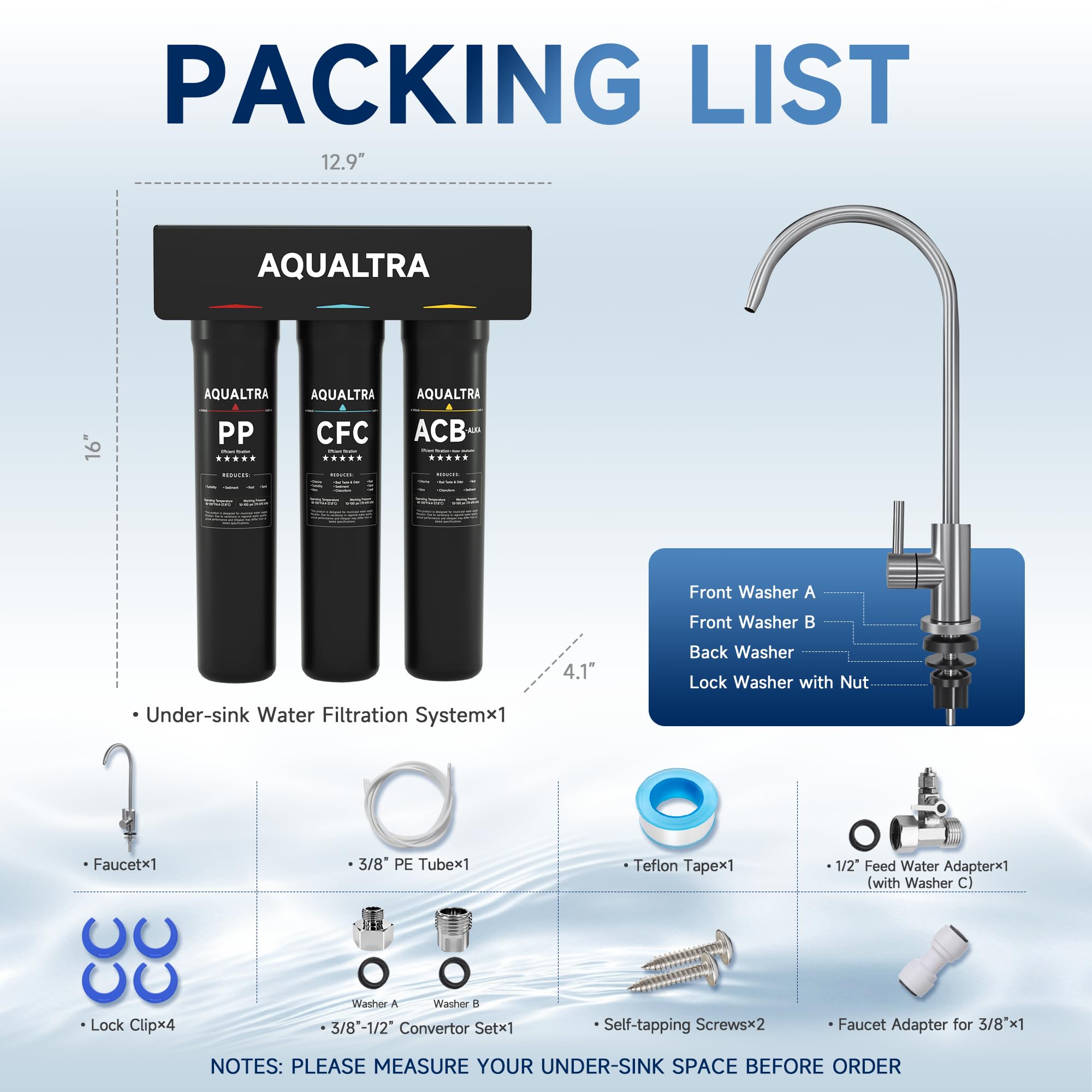 AQUALTRA USF-3B-15 Sistema bajo fregadero ligeramente alcalino con grifo, 30000–151000L, reduce PFOA, PFOS, cloro, plomo, mercurio, cloramina, fluoruro, microplásticos, mal sabor y olor