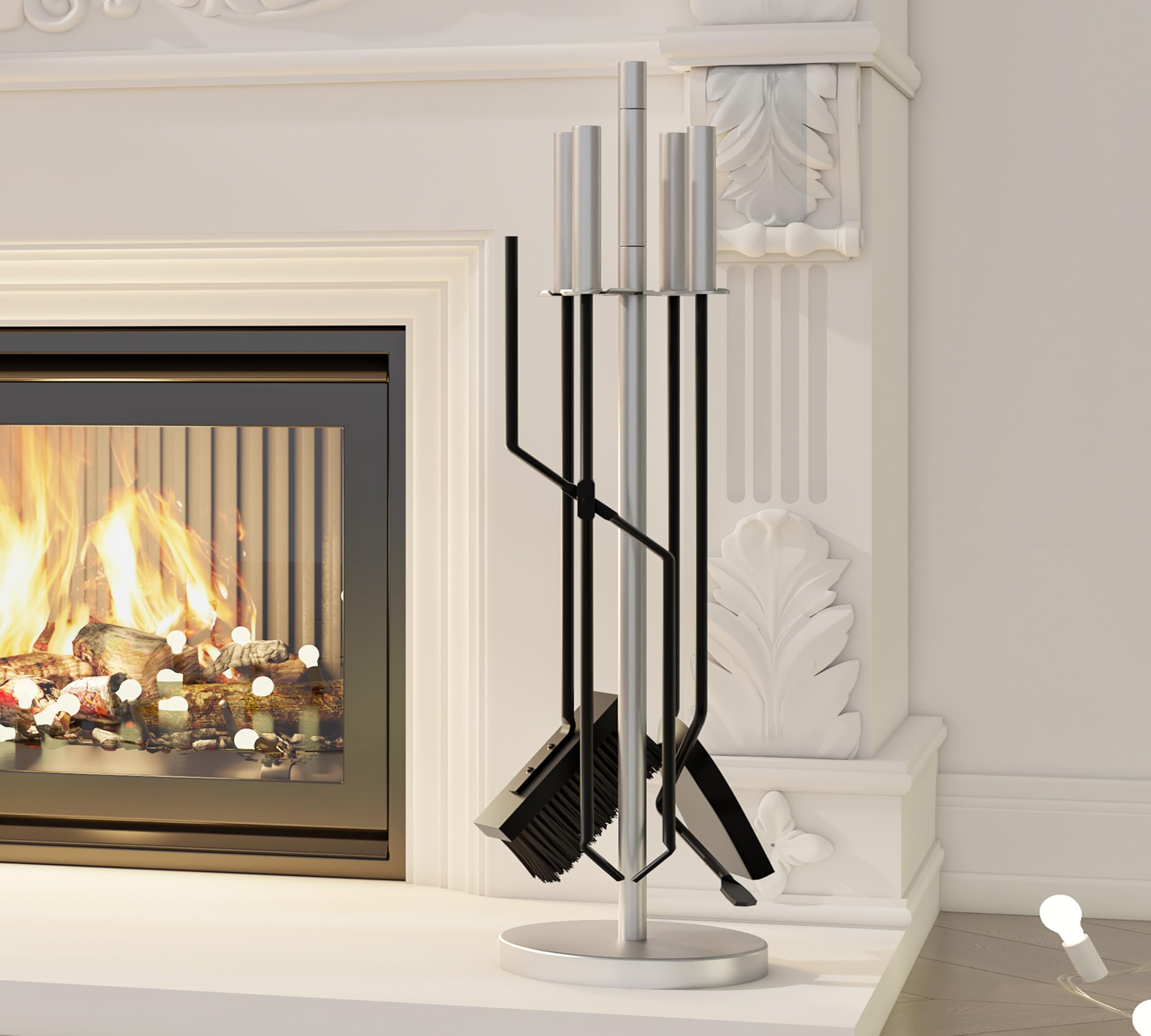Kingson Set Moderno da 5 Pezzi per Camino – Manici e Supporto in Acciaio Inox – Include Spazzola, Attizzatoio, Pinze, Pala – Utensili in Ferro – Set di Attrezzi per Camino per Bruciatore a Legna