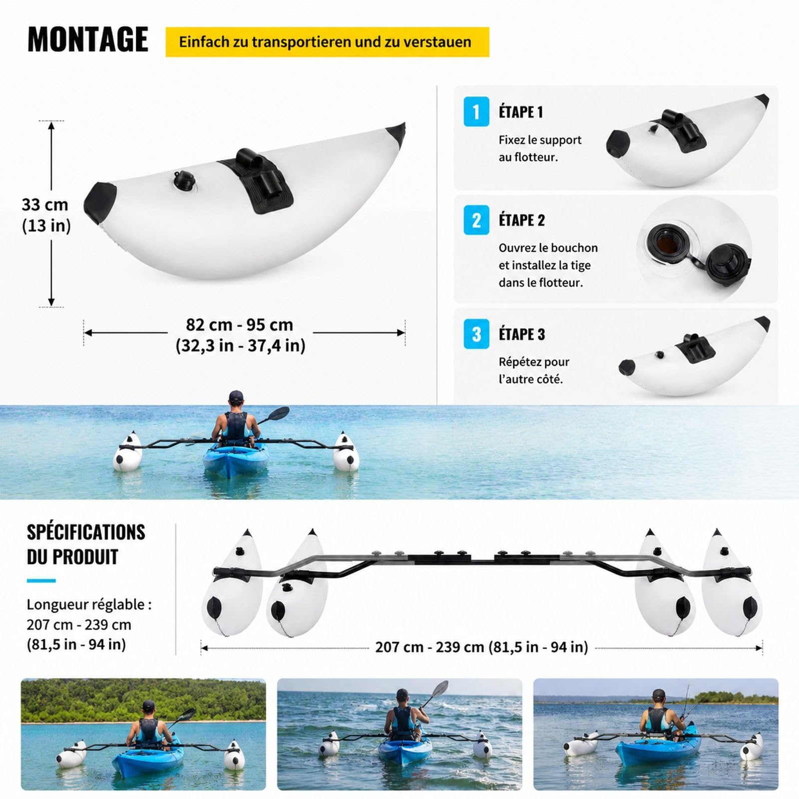 Kit de 2 flotteurs stabilisateurs gonflables en PVC pour Kayak et canoë