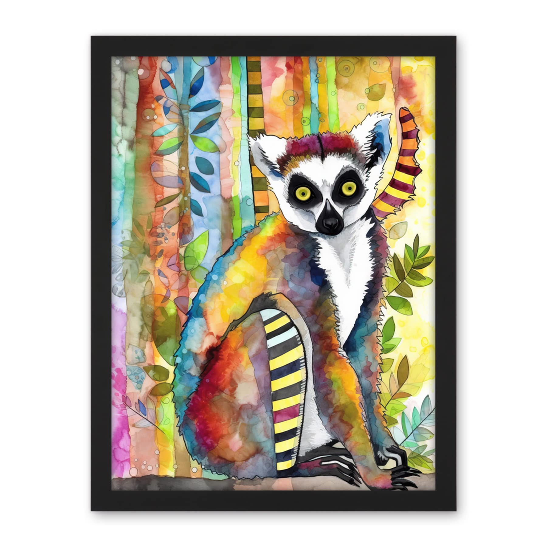 Artery8 Lemur Vibrant Portrait Folk Art Watercolour Painting Artwork Framed Wall Art Print 18X24 Inch