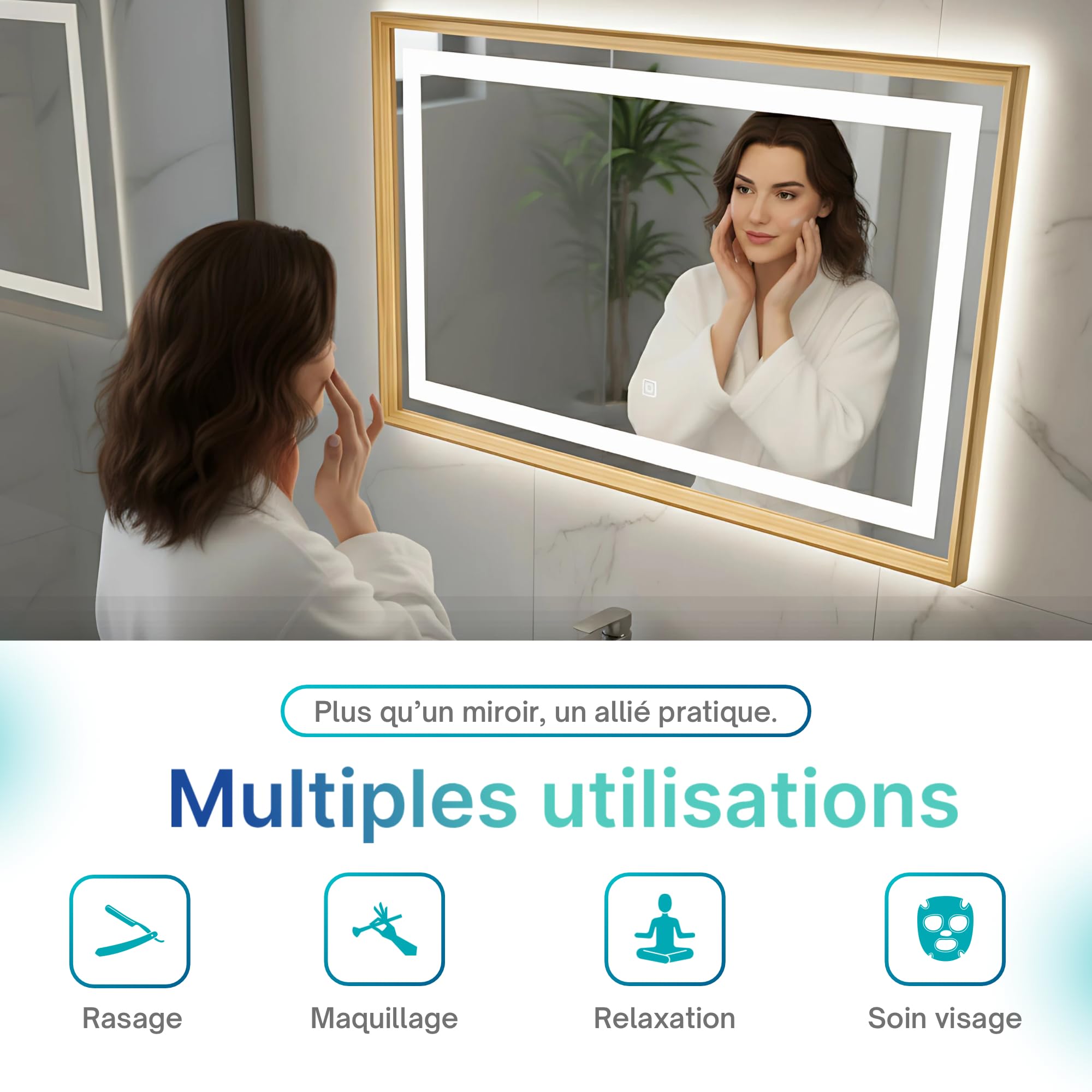 Specchio da parete a LED 70 x 100 cm con cornice in legno – Illuminazione incorporata luce calda o bianca – Pulsante touch, funzione disappannamento e striscia LED impermeabile – ideale per