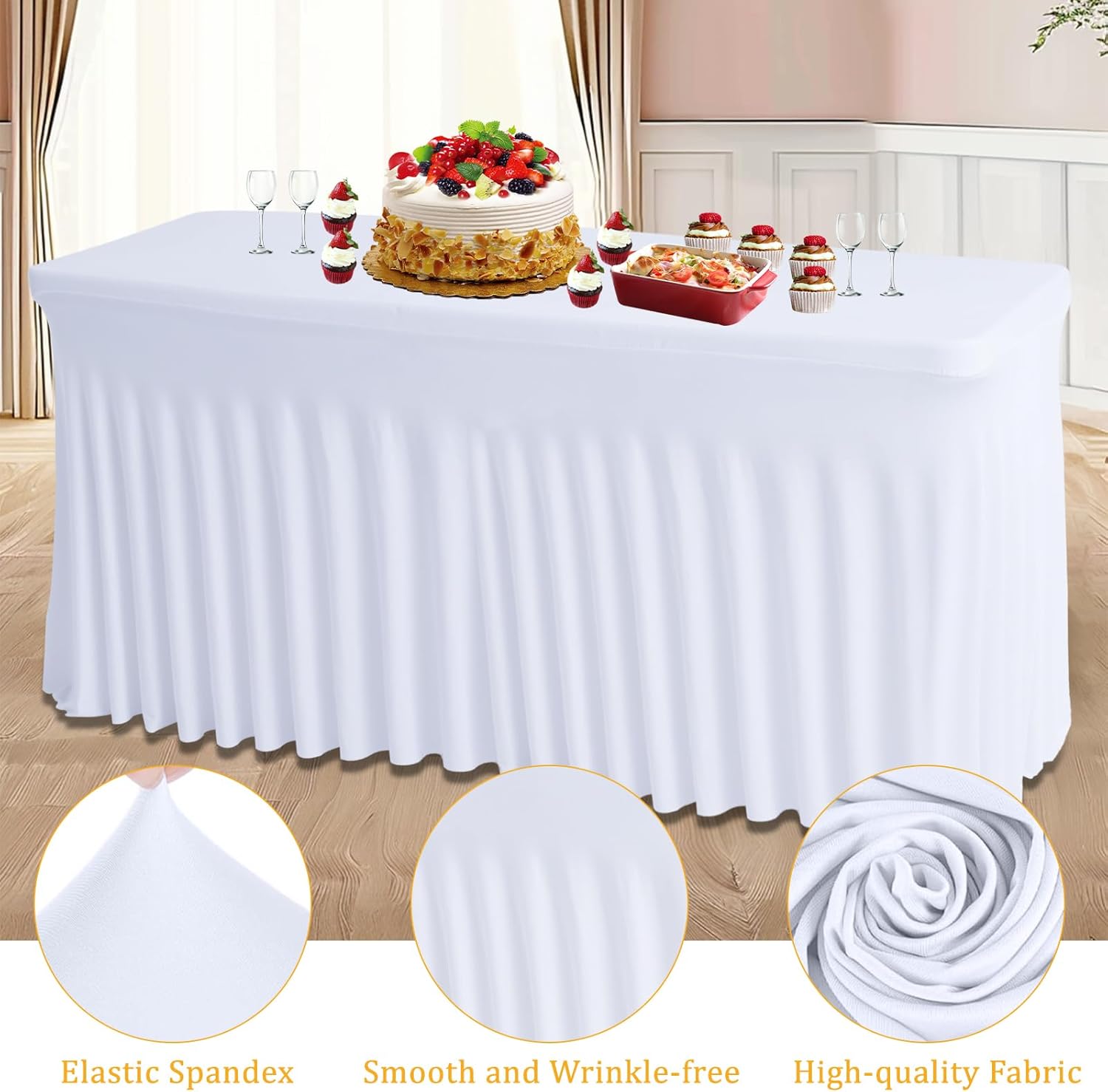 JCJ Table Skirt for Rectangle Tables Spandex Fitted White Tablecloths for 6FT Tables, Wrinkle Resistant Ruffles Elastic Table Cover Skirts for Teacher Desk Weddings Banquets Parties