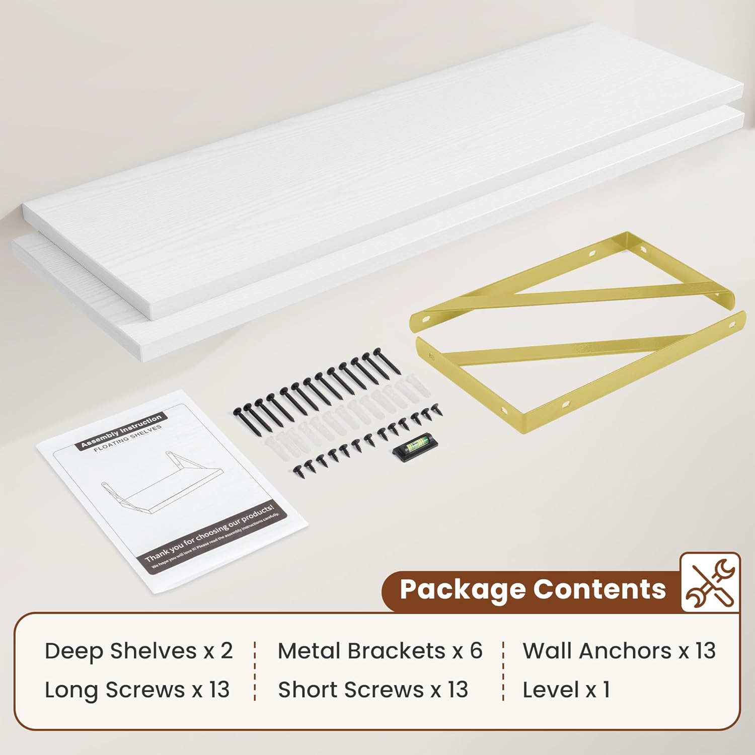 Deep Wall Shelves 48"W x 12"D Engineered Wood Floating Shelves for Wall, Sturdy Metal Bracket(Gold) Bookshelves Home Decor Storage for Living Room Bedroom Bathroom Kitchen, Set of 2, White Finish