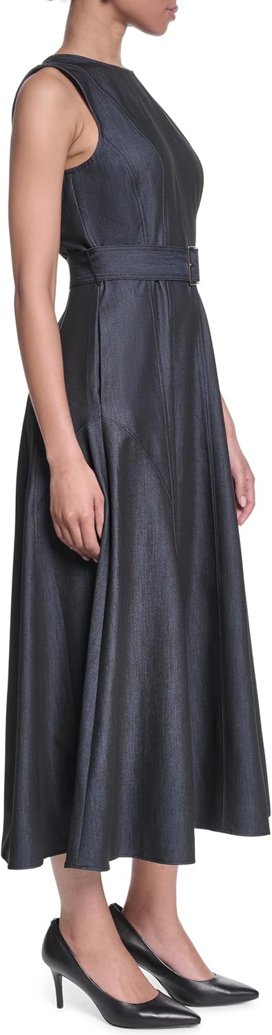 Karl Lagerfeld Women's Sleeveless Crew Neck Denim Belted Midi Dress