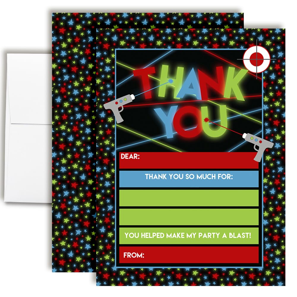 Laser Tag Theme 10 Birthday Thank You Notes 4"x5.5" Fill-In Cards with Envelopes, Boys Party Stationery Set, Fun Neon Glow Laser Beam Design for Kids