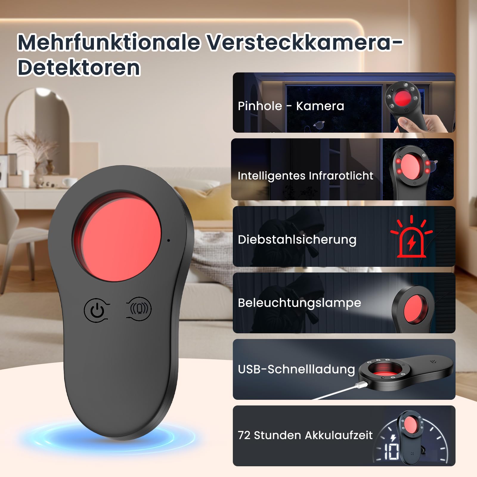 FIVAVA Detector de Camaras y Microfonos Ocultos, Detector de Micrófonos con Escáner Infrarrojo, 720H de Tiempo en Espera, Portátil Buscador de Cámaras Ocultas para Hotel, Hogar, Oficina, Viajes