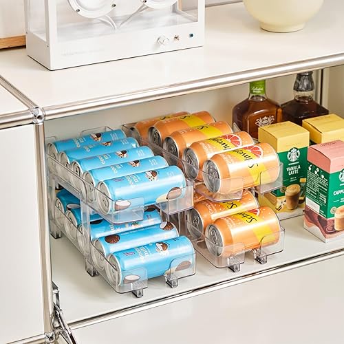 Miniatura 6 de Paquete de 2 organizadores de latas de soda ajustables, dispensador de bebidas de gravedad expandible de 2 niveles para mini refrigerador,