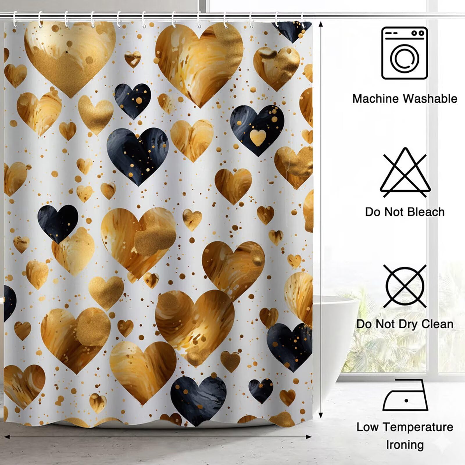 Wasserdichter Duschvorhang Anti-Schimmel 200x240 cm, Waschbar Schnelltrocknend Textil Stoff Polyester Duschvorhang Gold Shower Curtain mit Gewicht und 12 Ringe für Badewanne, Badezimmer, Liebe J8-389