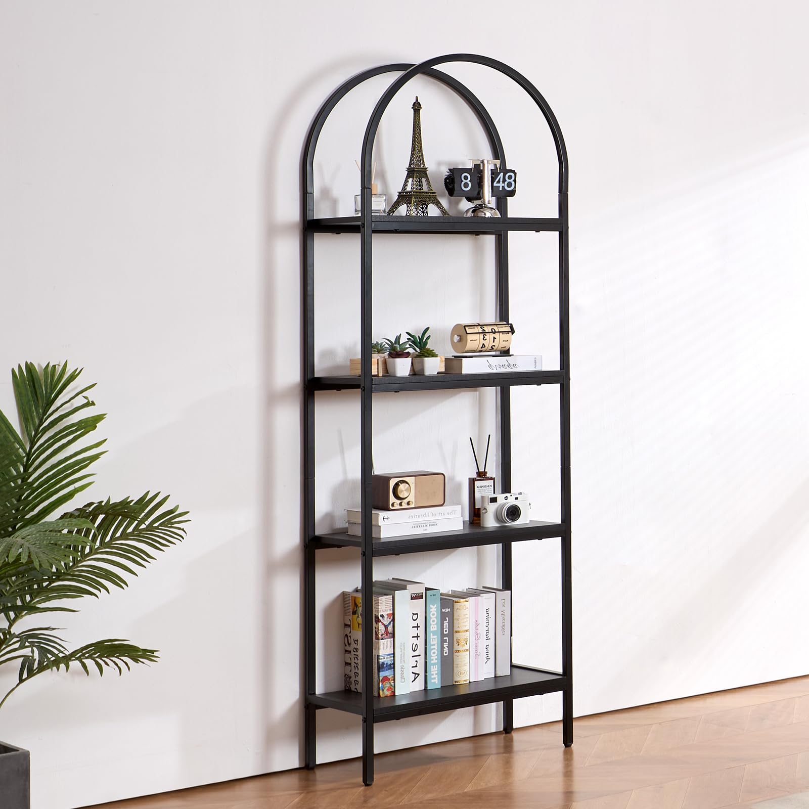 VEVOR Libreria in Metallo ad Arco Mobiletto Organizzatore da Casa Ufficio, Scaffale Portaoggetti Libri Riviste Forma ad Arco 4 Livelli, Scaffale con Ripiani Aperti, Scaffale Espositore Indipendente